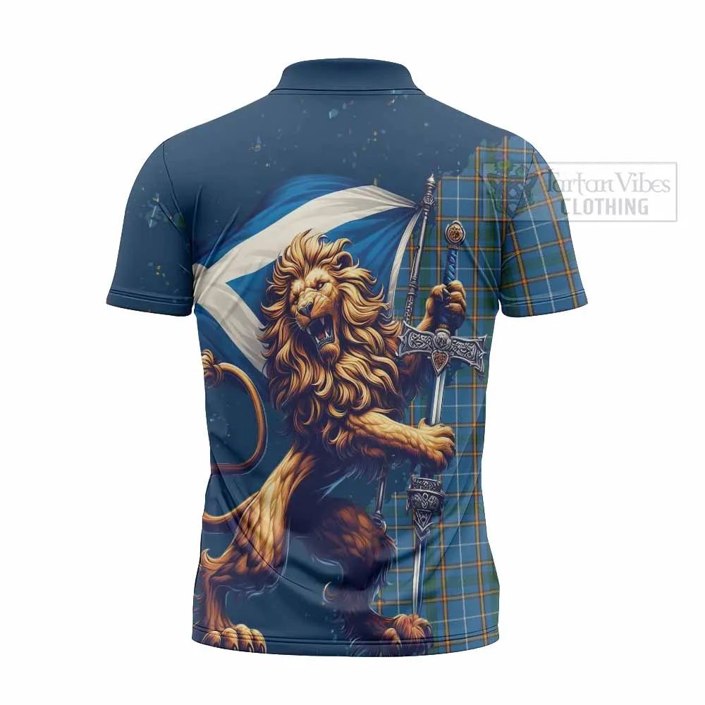 Bain Tartan Family Crest Zipper Polo Shirt with Scottish Majestic Lion