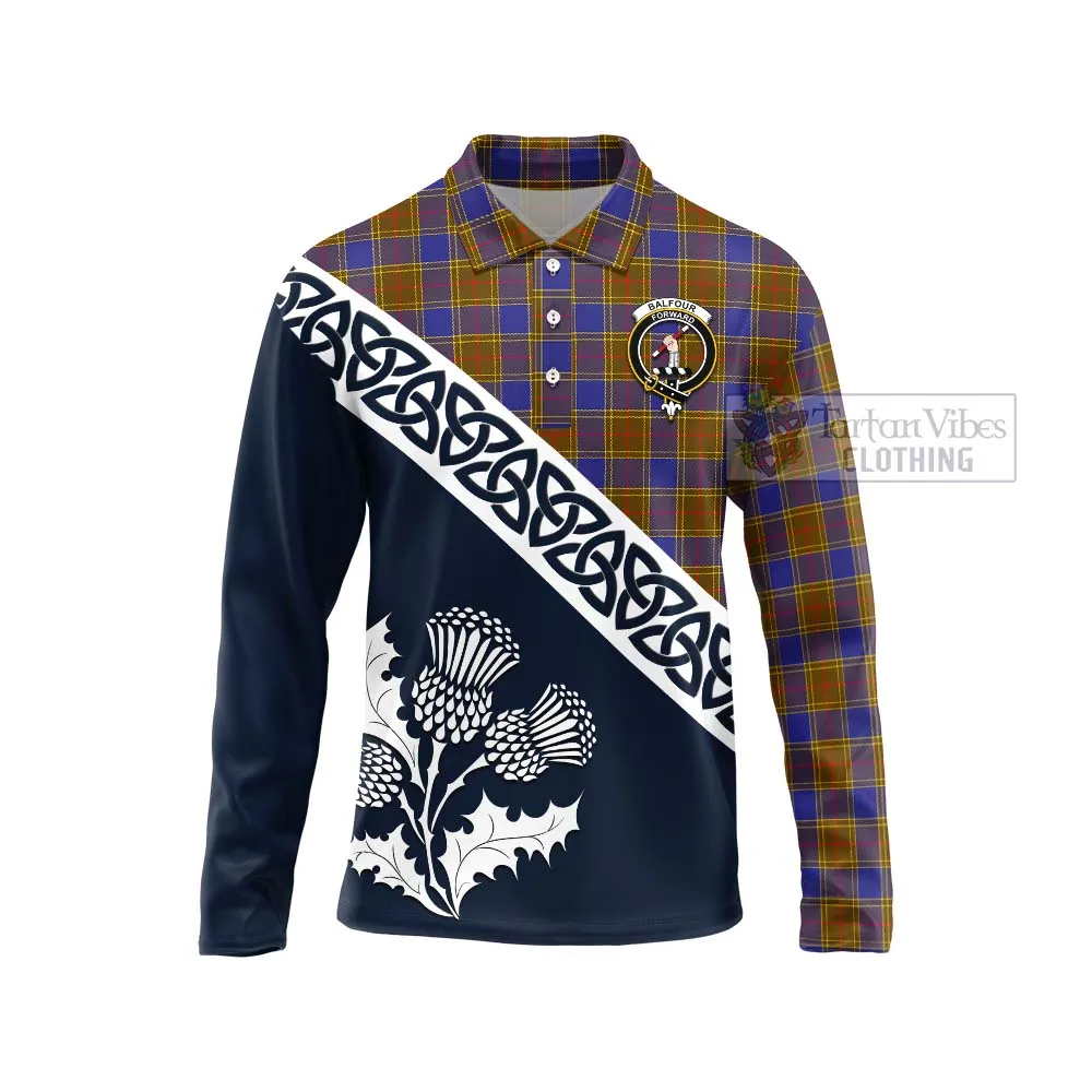 Balfour Tartan Long Sleeve Polo Shirt Featuring Thistle and Scotland Map