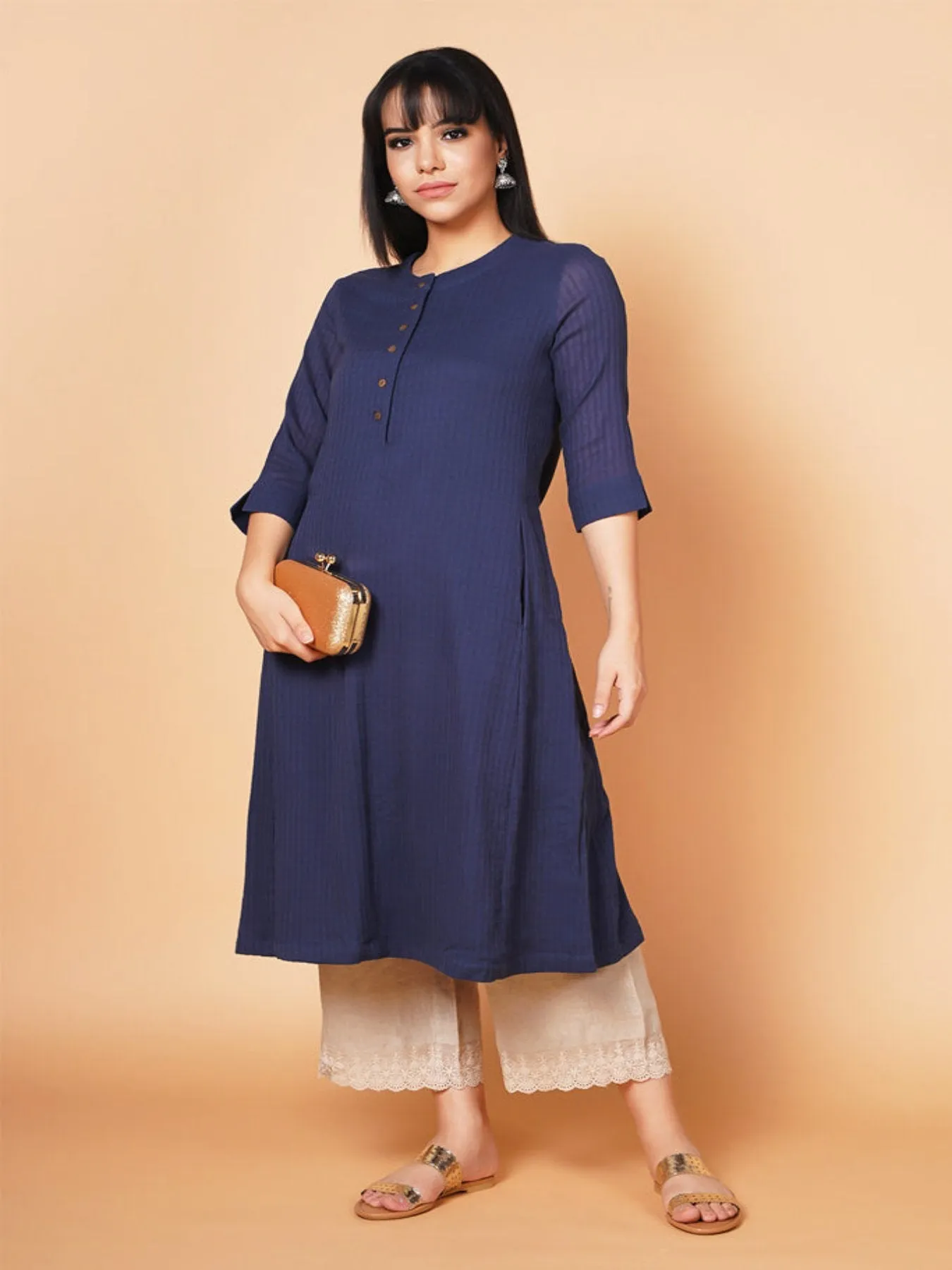 Barara Navy Blue Solid A-line Kurta