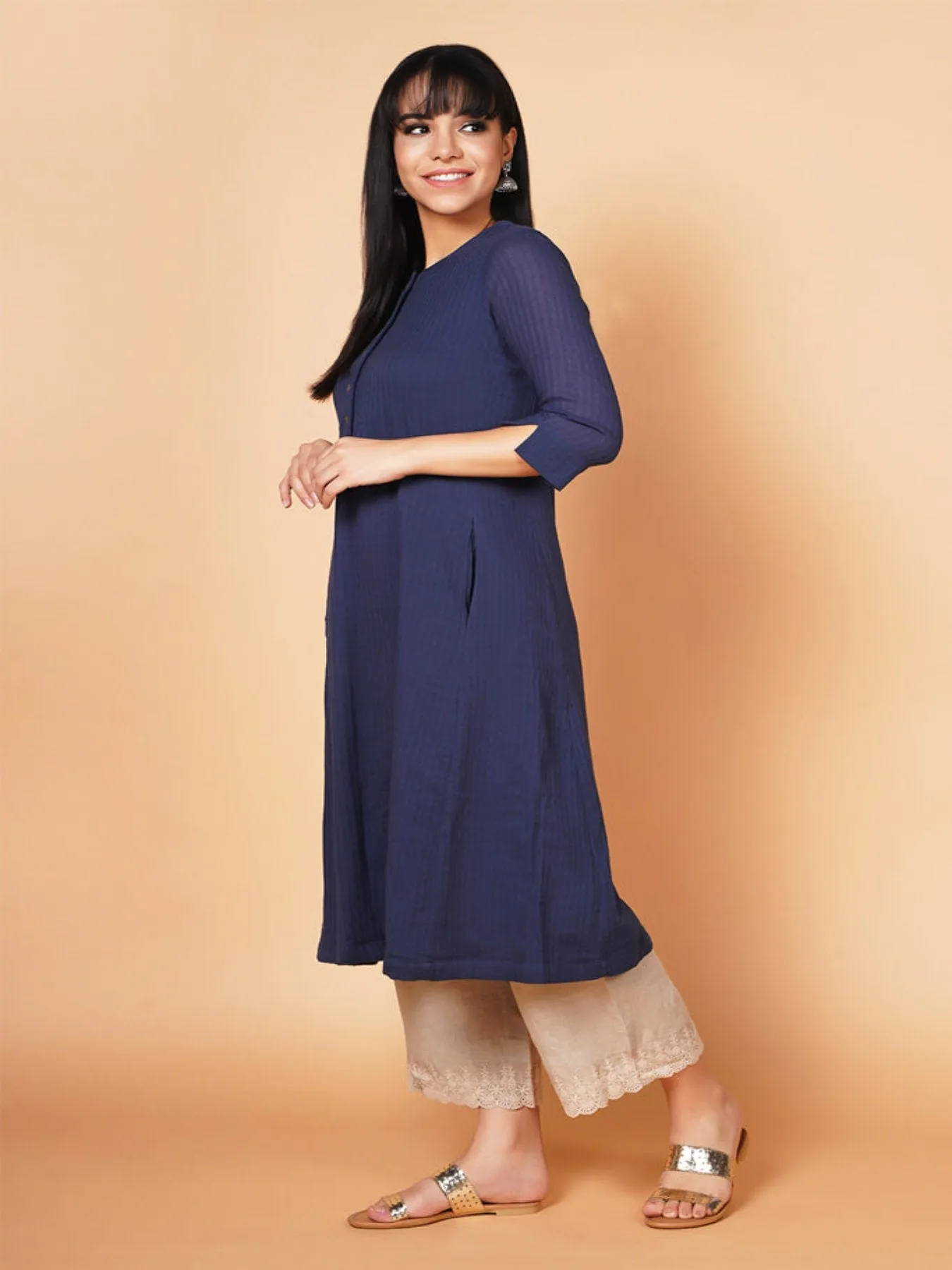 Barara Navy Blue Solid A-line Kurta