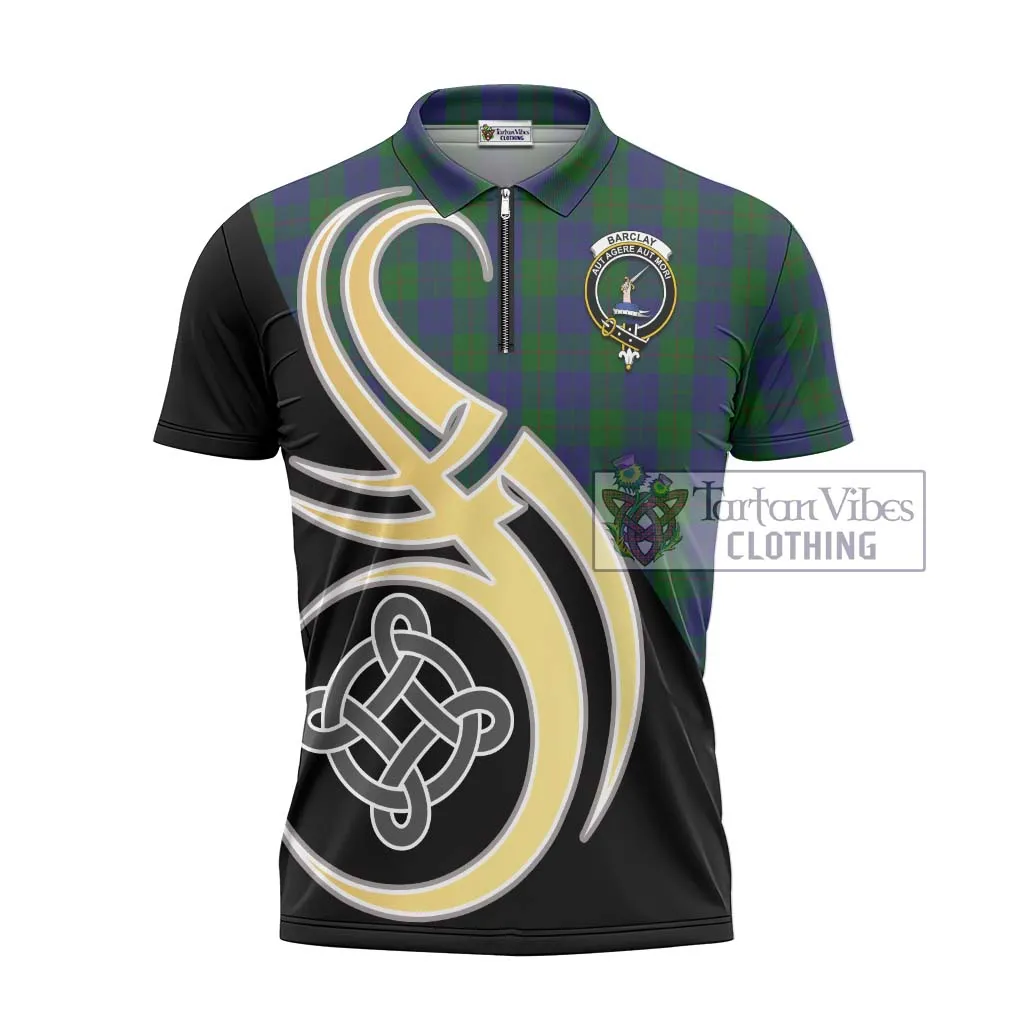 Barclay Tartan Zipper Polo Shirt with Family Crest and Celtic Symbol Style