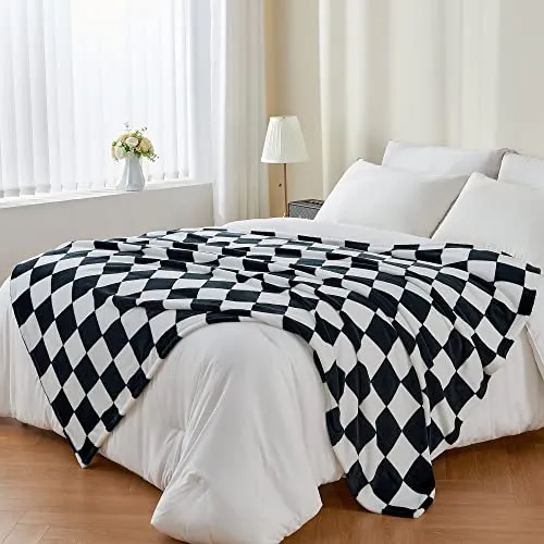 BEDELITE Checkered Throw Blanket for Couch and Bed, Luxurious Fleece Blanket with Checkerboard Grid Home Decor, Soft Cozy Black and White Warm Blankets for Spring, 50"x60"