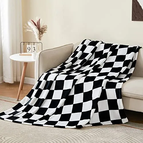 BEDELITE Checkered Throw Blanket for Couch and Bed, Luxurious Fleece Blanket with Checkerboard Grid Home Decor, Soft Cozy Black and White Warm Blankets for Spring, 50"x60"