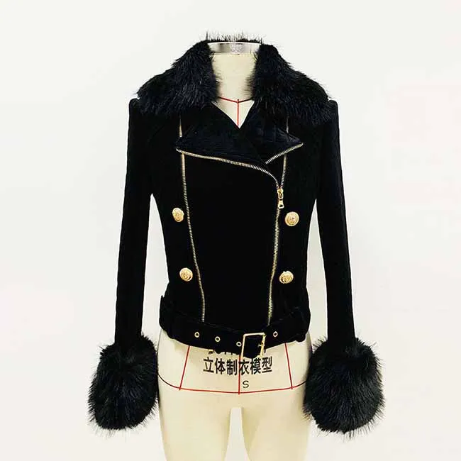 Biker jacket with removable fur collar outer coat double zipper motorcycle jacket