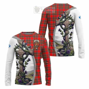 Binning Tartan Long Sleeve T-Shirt with Family Crest and St. Andrew's Cross Accented by Thistle Vines