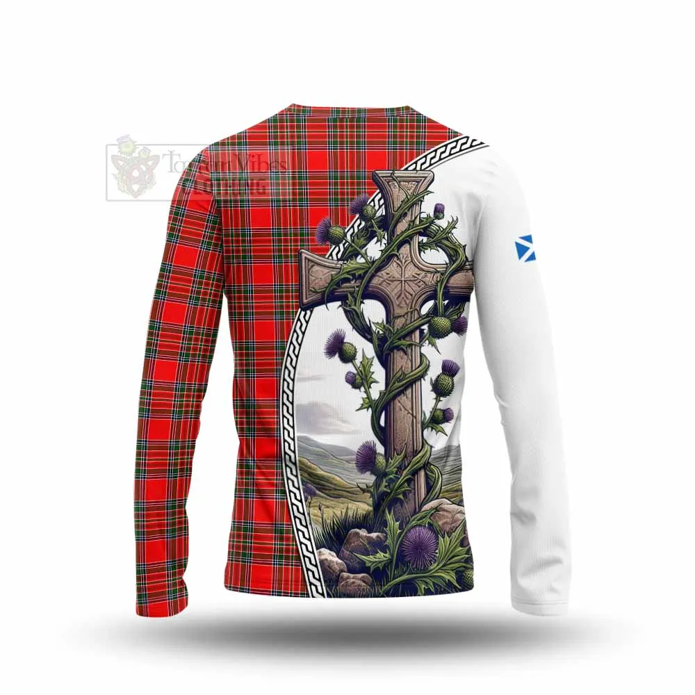 Binning Tartan Long Sleeve T-Shirt with Family Crest and St. Andrew's Cross Accented by Thistle Vines