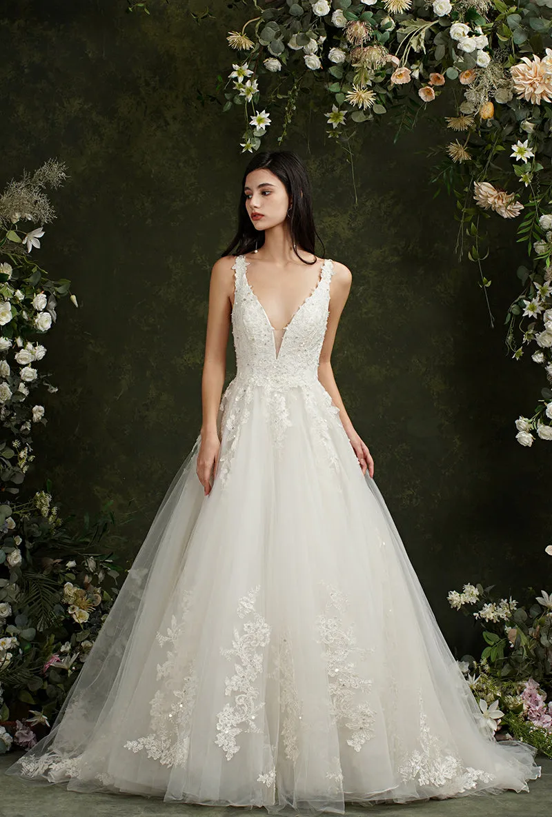 Biztunnel Long A-line V-neck Tulle Lace Backless Wedding Dresses