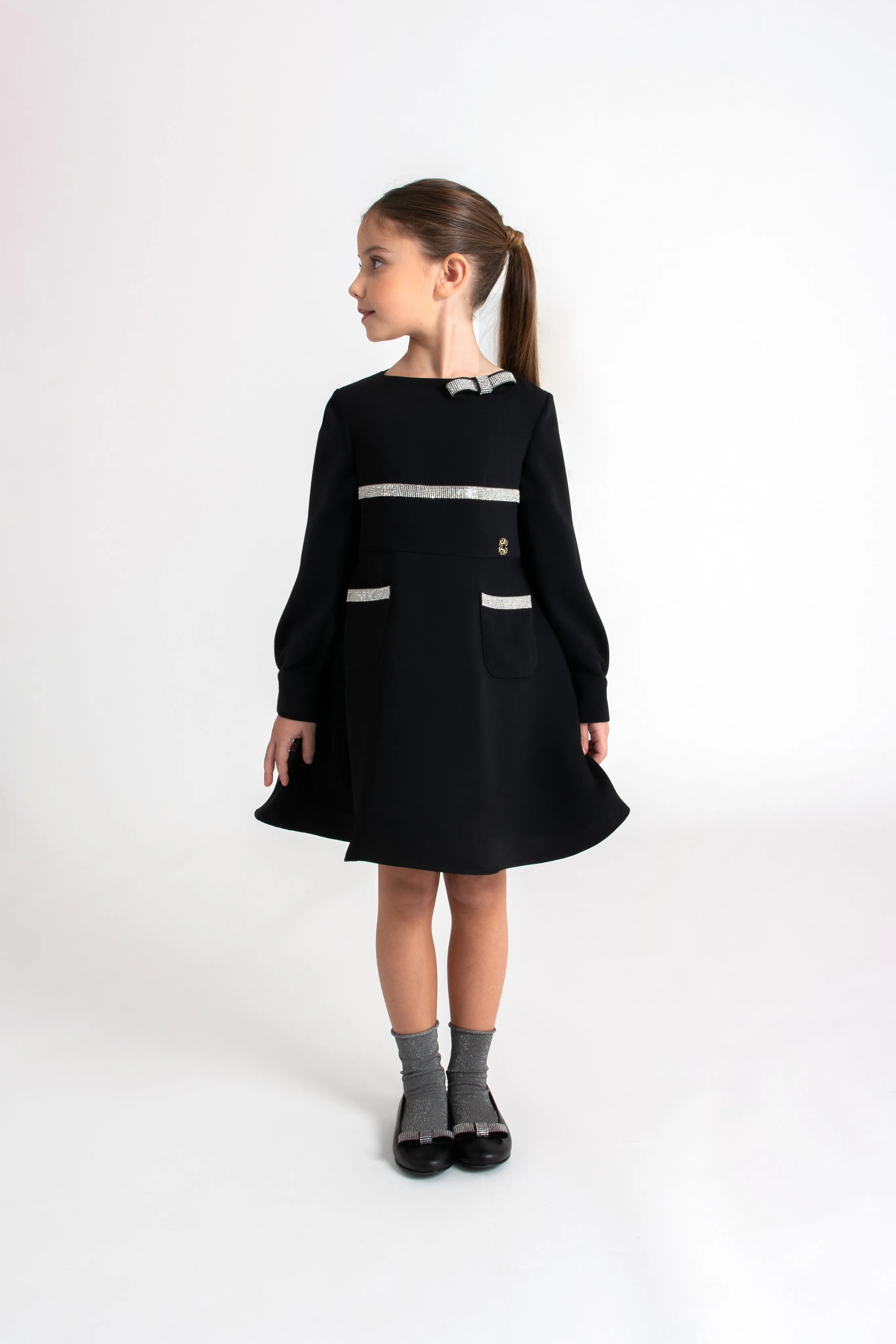 Black Jewel-Trimmed Crepe Dress