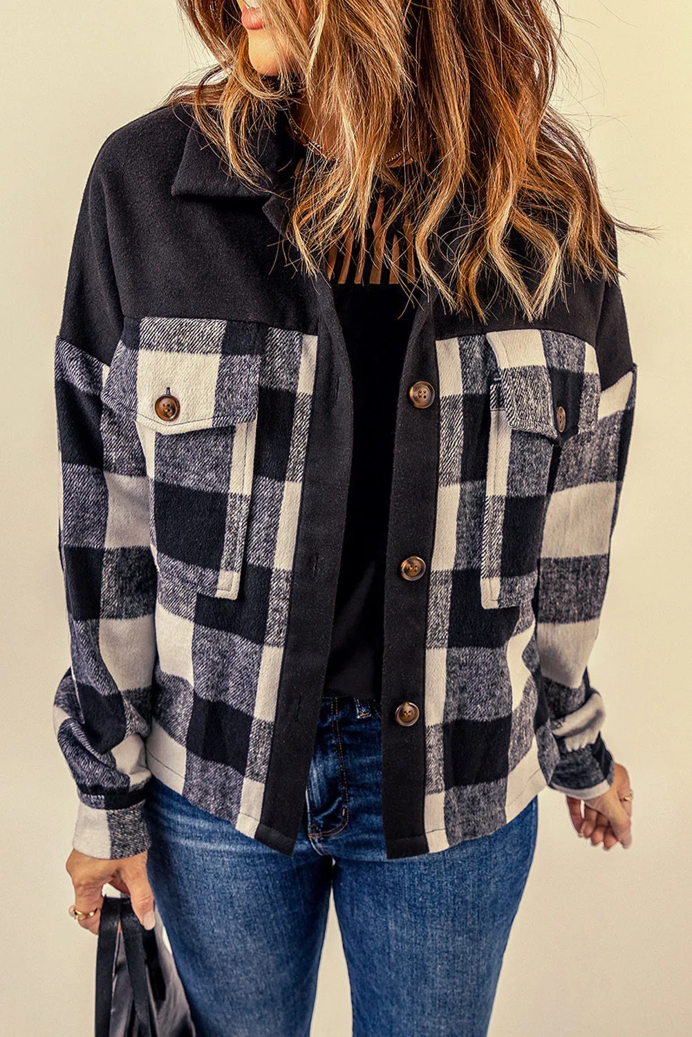 Black Plaid Patchwork Pockets Buttoned Shirt Jacket