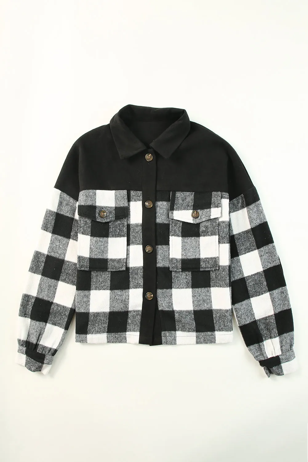 Black Plaid Patchwork Pockets Buttoned Shirt Jacket