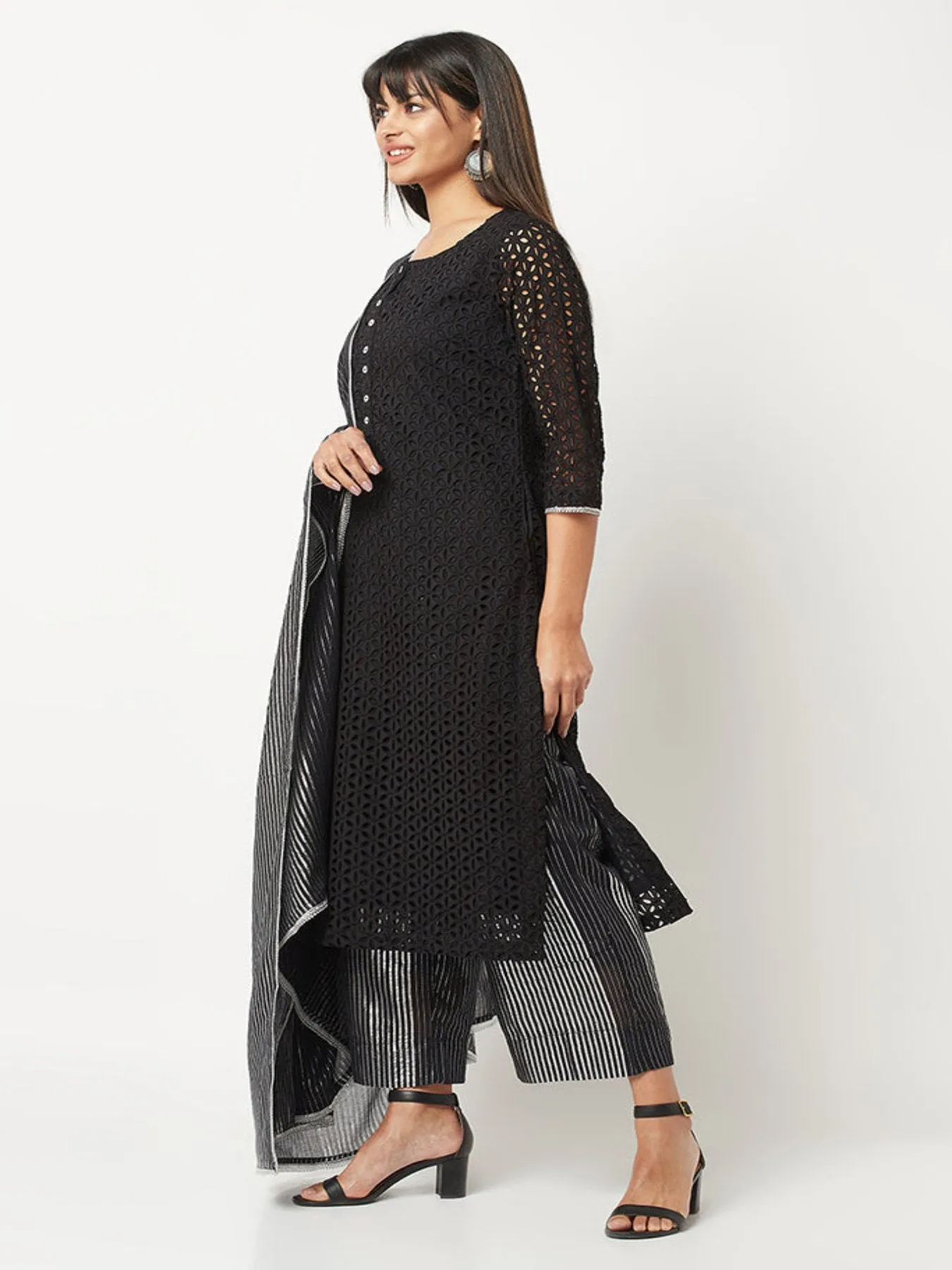 Black Schiffli Kurta Set With Dupatta