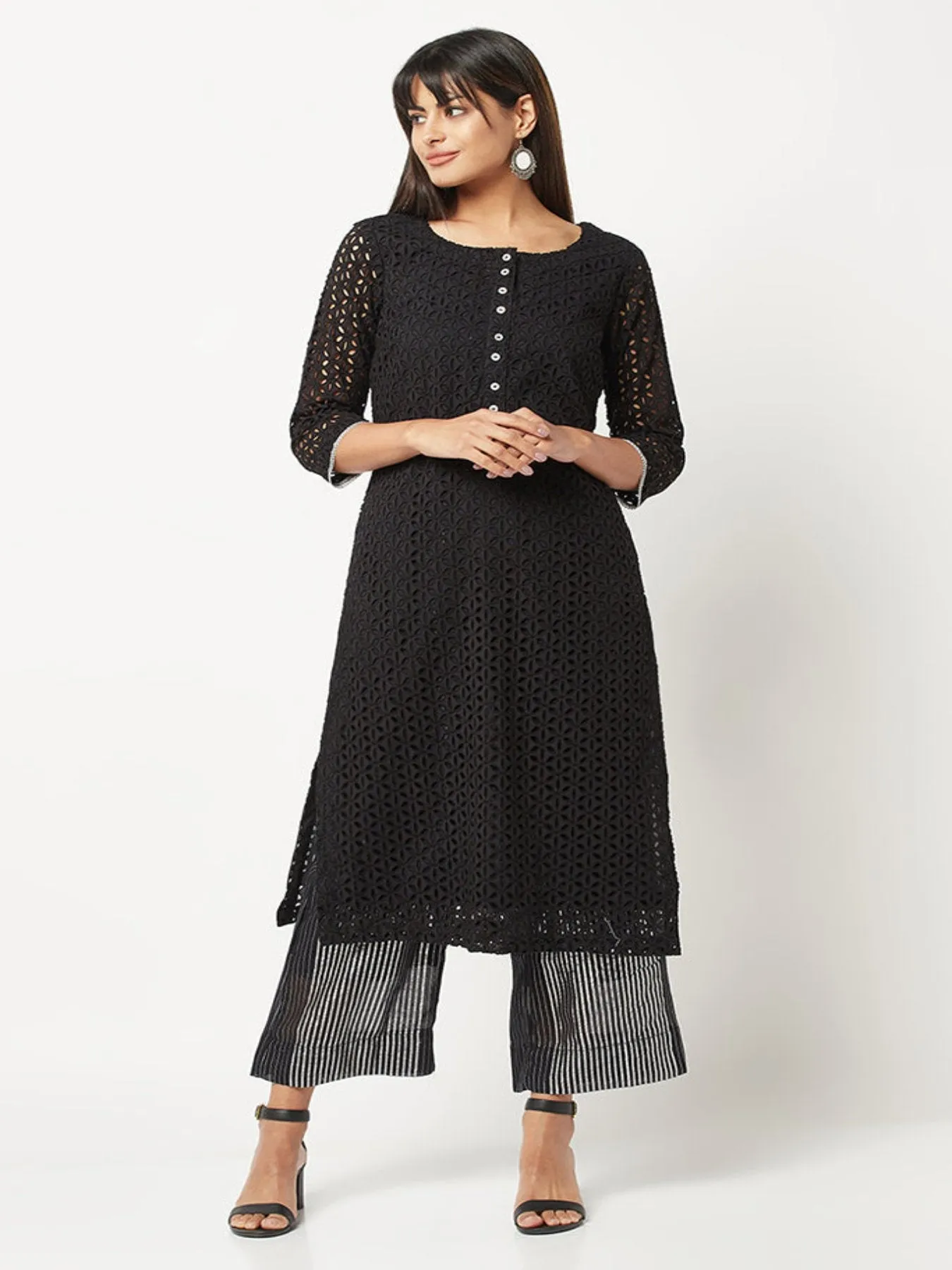 Black Schiffli Kurta Set With Dupatta