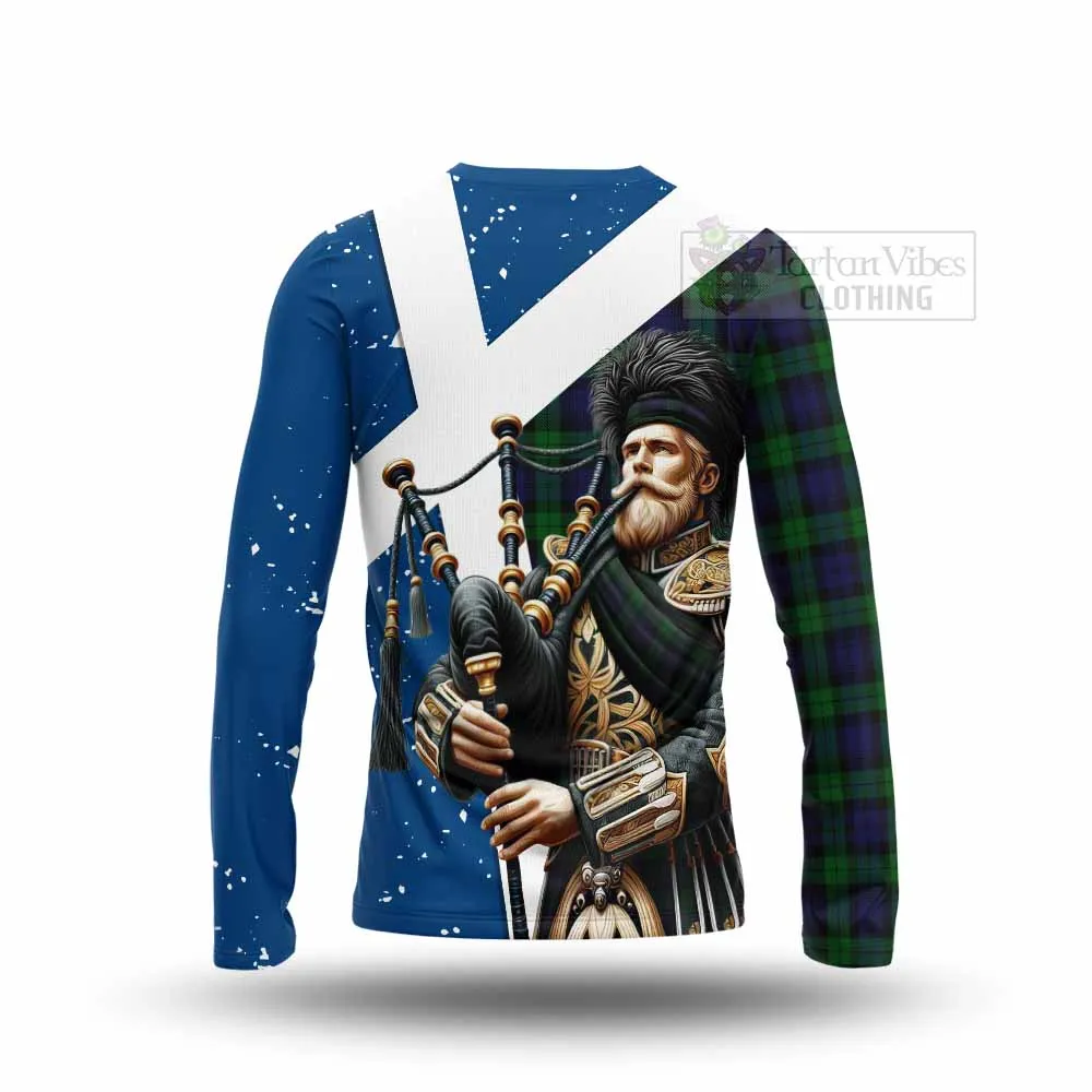 Black Watch Tartan Long Sleeve T-Shirt with Family Crest Scottish Bagpiper Vibes