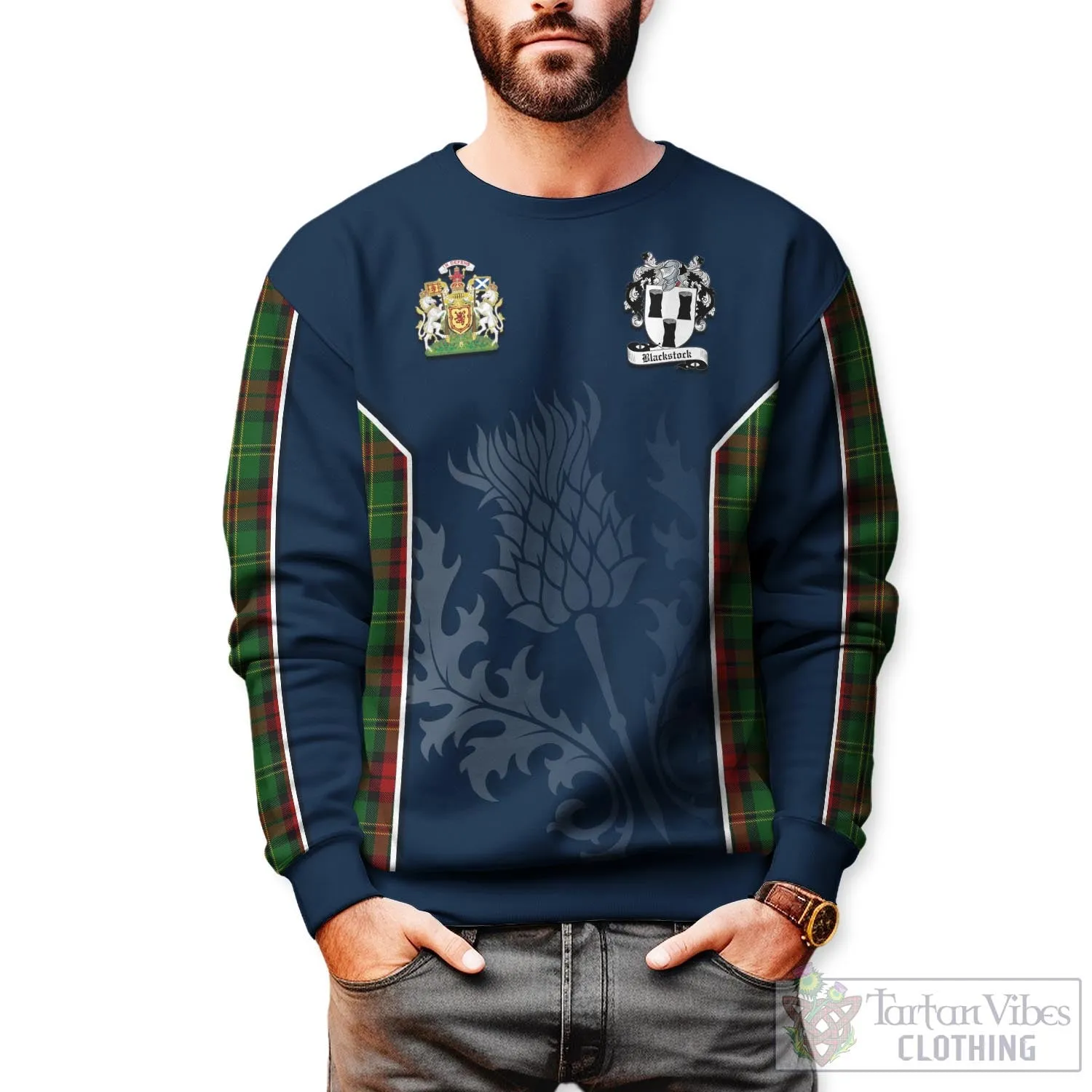 Blackstock Hunting Tartan Sweatshirt with Family Crest and Scottish Thistle Vibes Sport Style