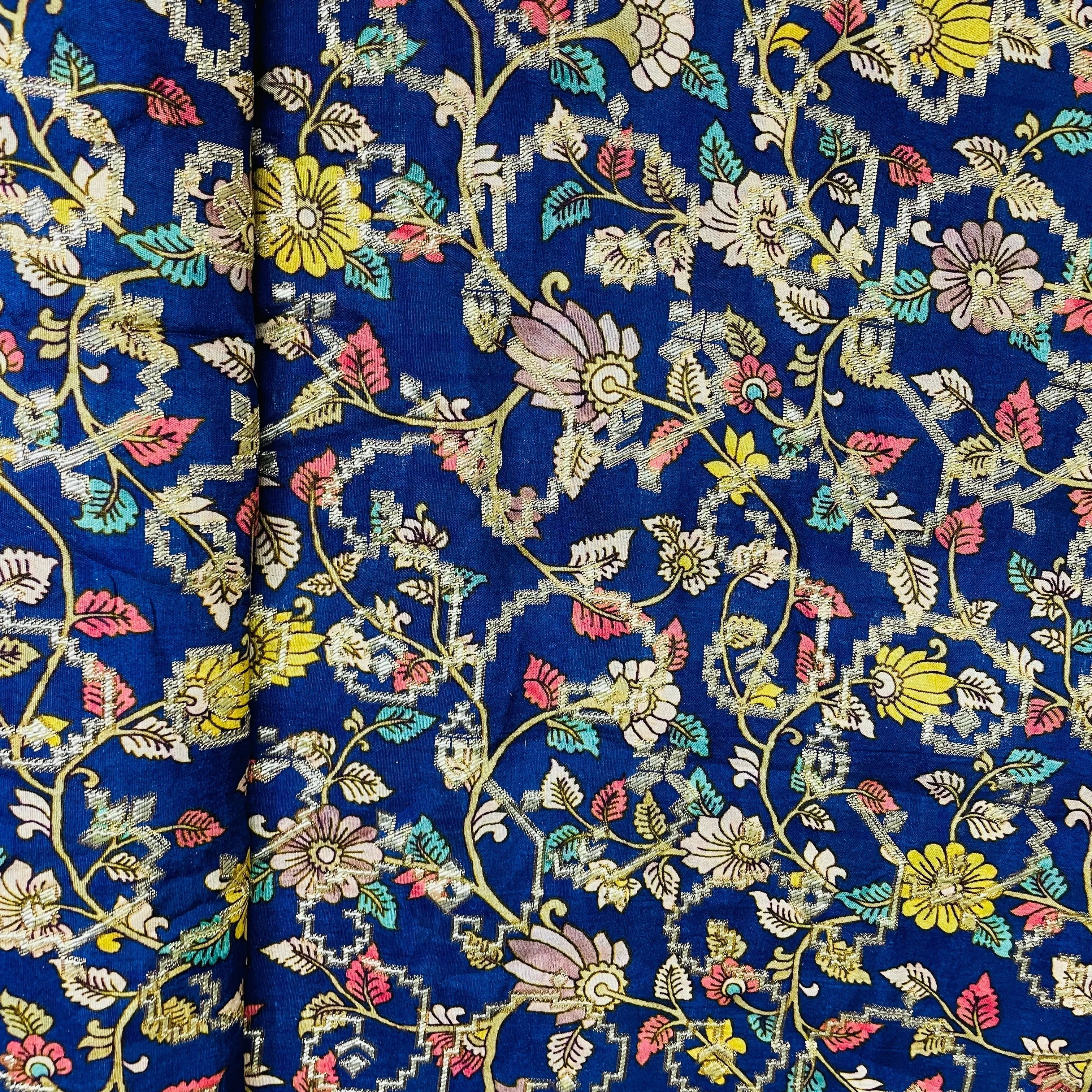 Blue Madhubani Print Dola Silk Jacquard Fabric