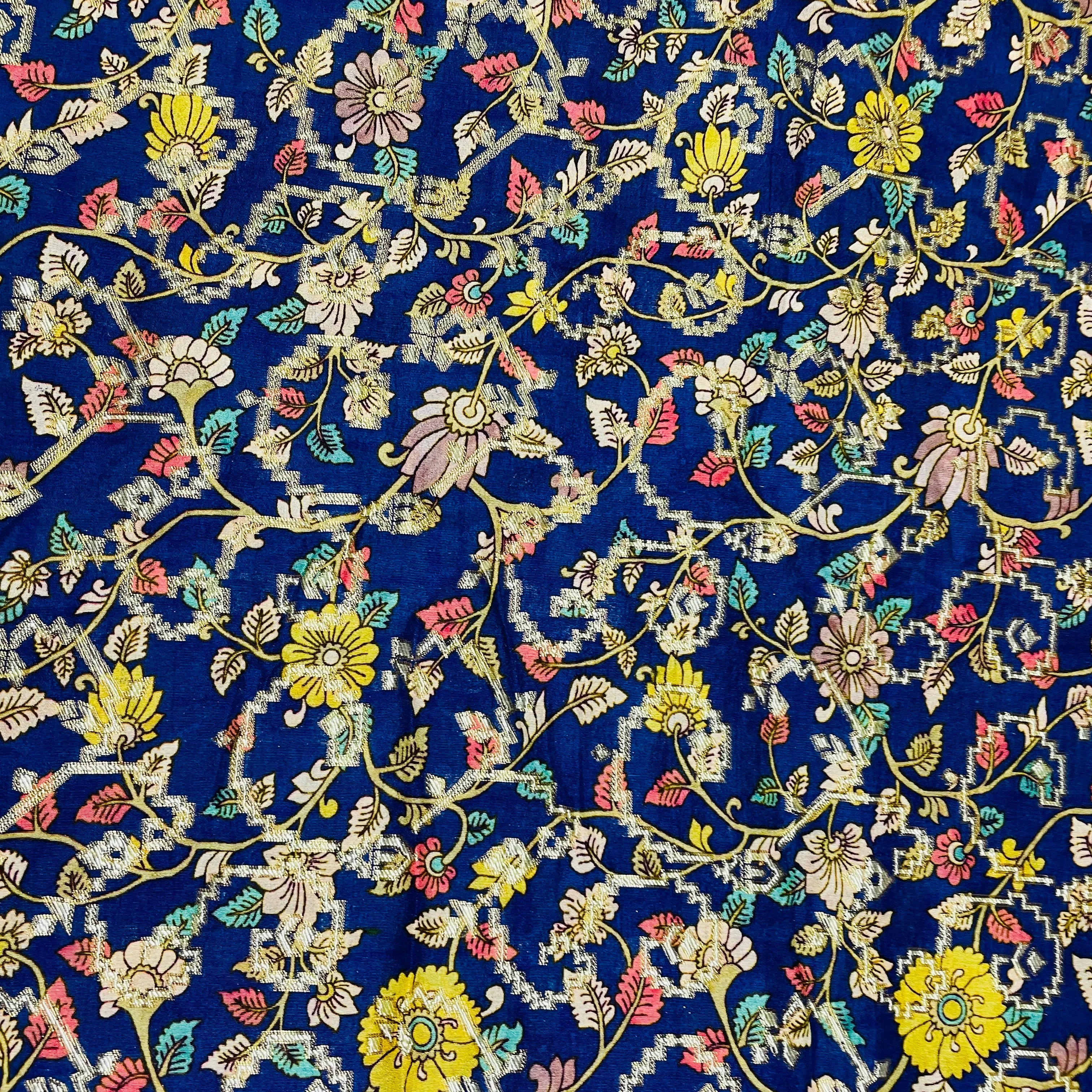 Blue Madhubani Print Dola Silk Jacquard Fabric