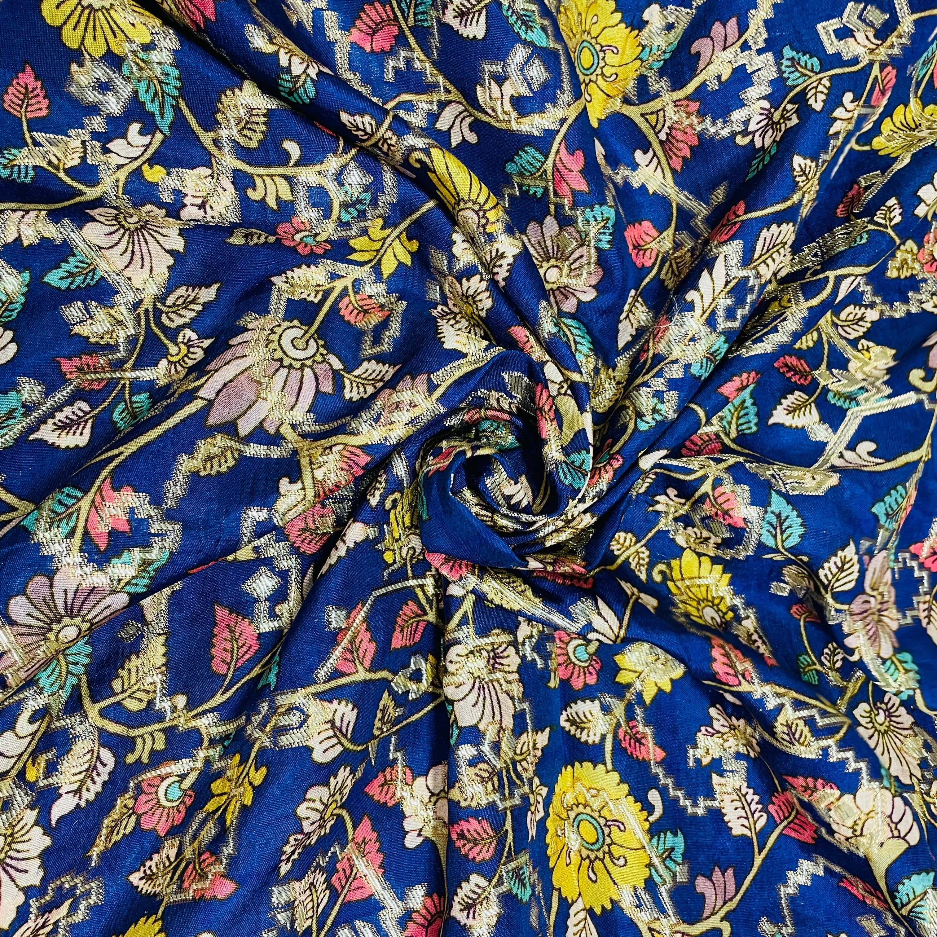 Blue Madhubani Print Dola Silk Jacquard Fabric