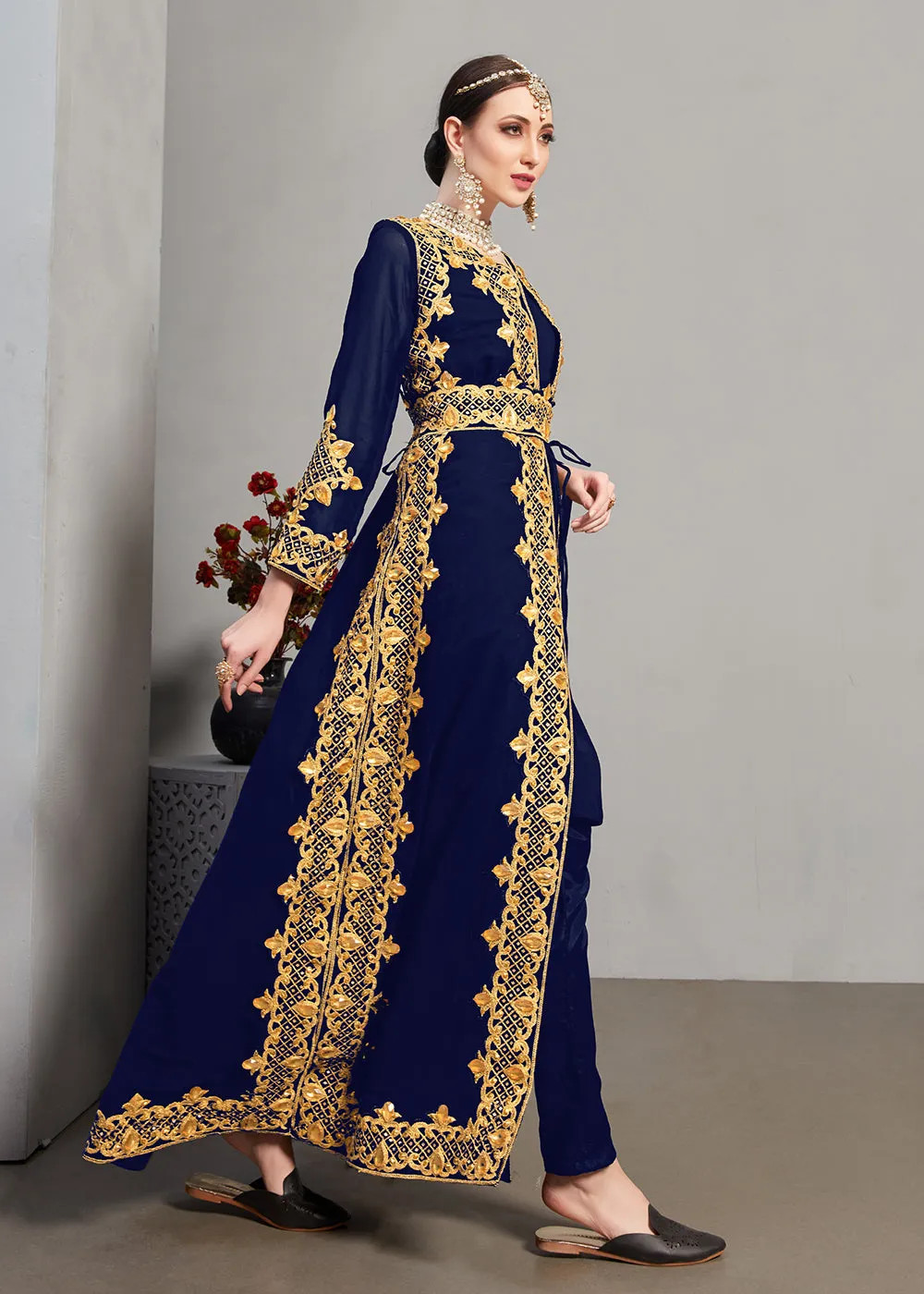 Blue Pant Style Jacket Georgette Anarkali Suit