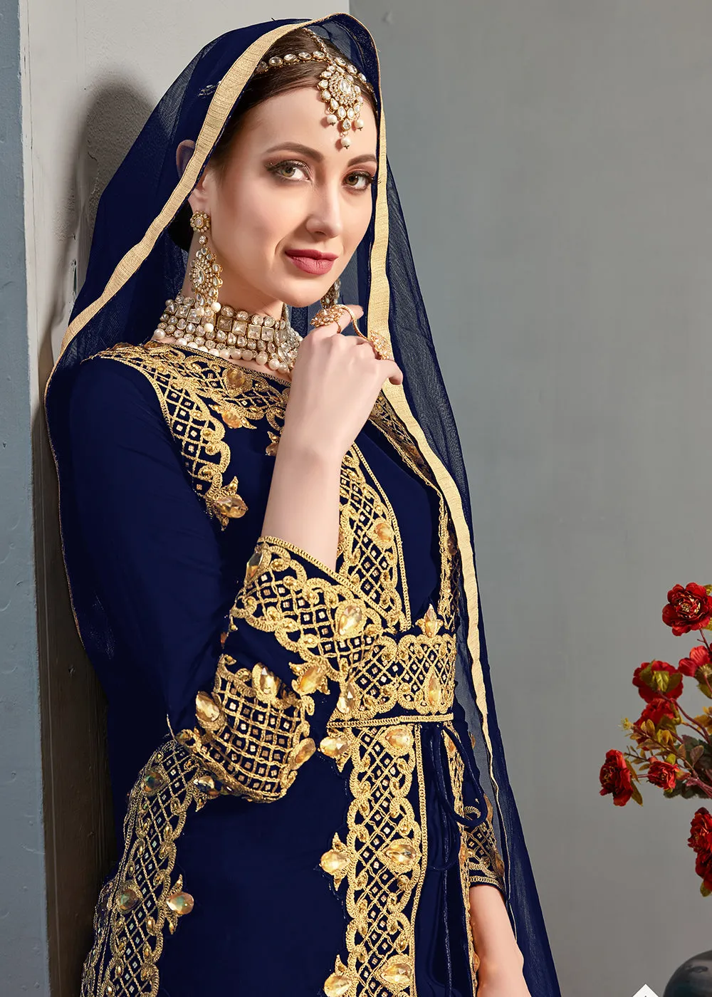 Blue Pant Style Jacket Georgette Anarkali Suit