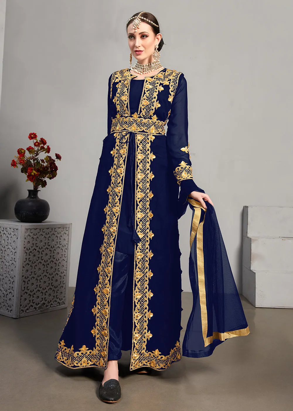 Blue Pant Style Jacket Georgette Anarkali Suit