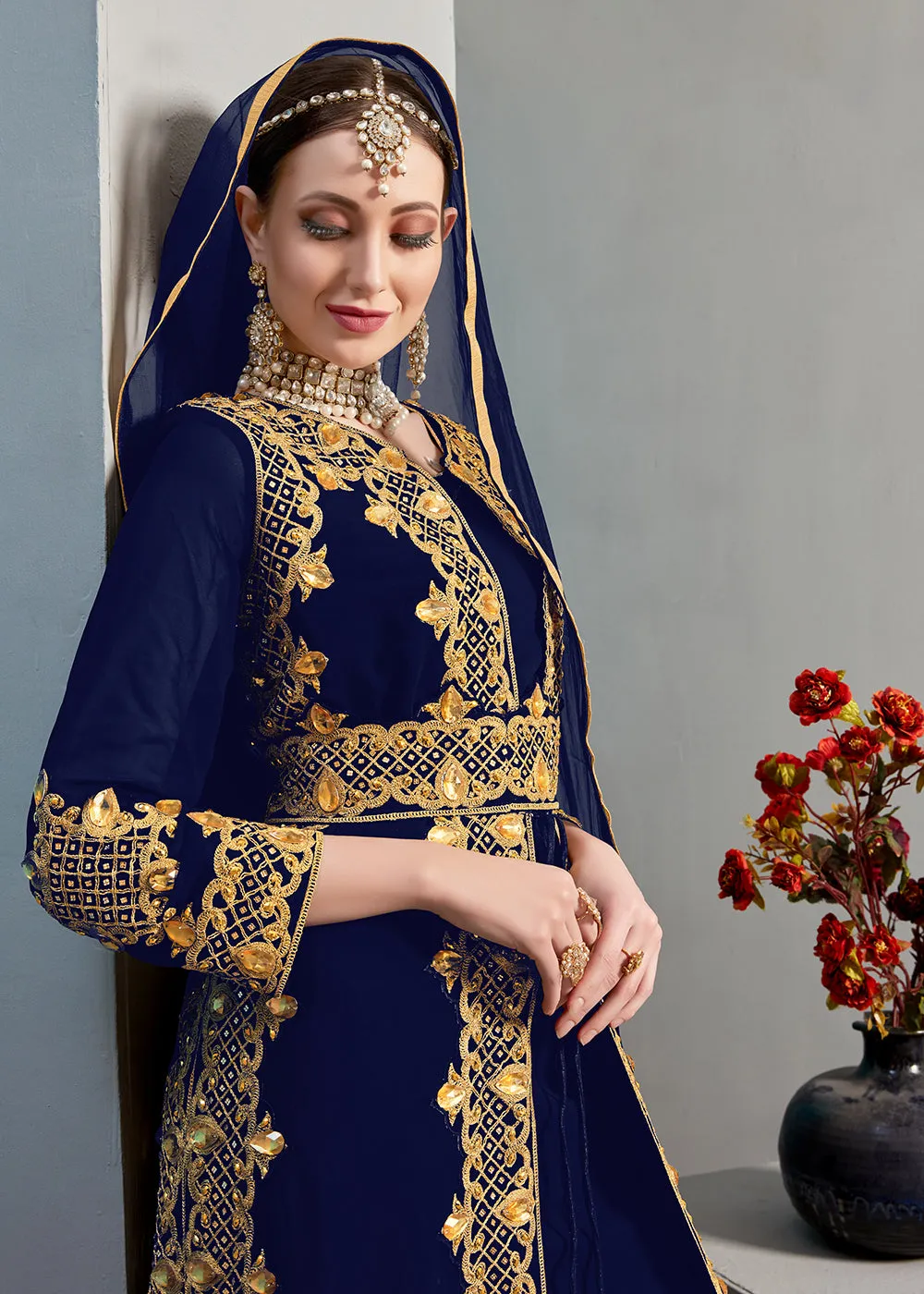 Blue Pant Style Jacket Georgette Anarkali Suit