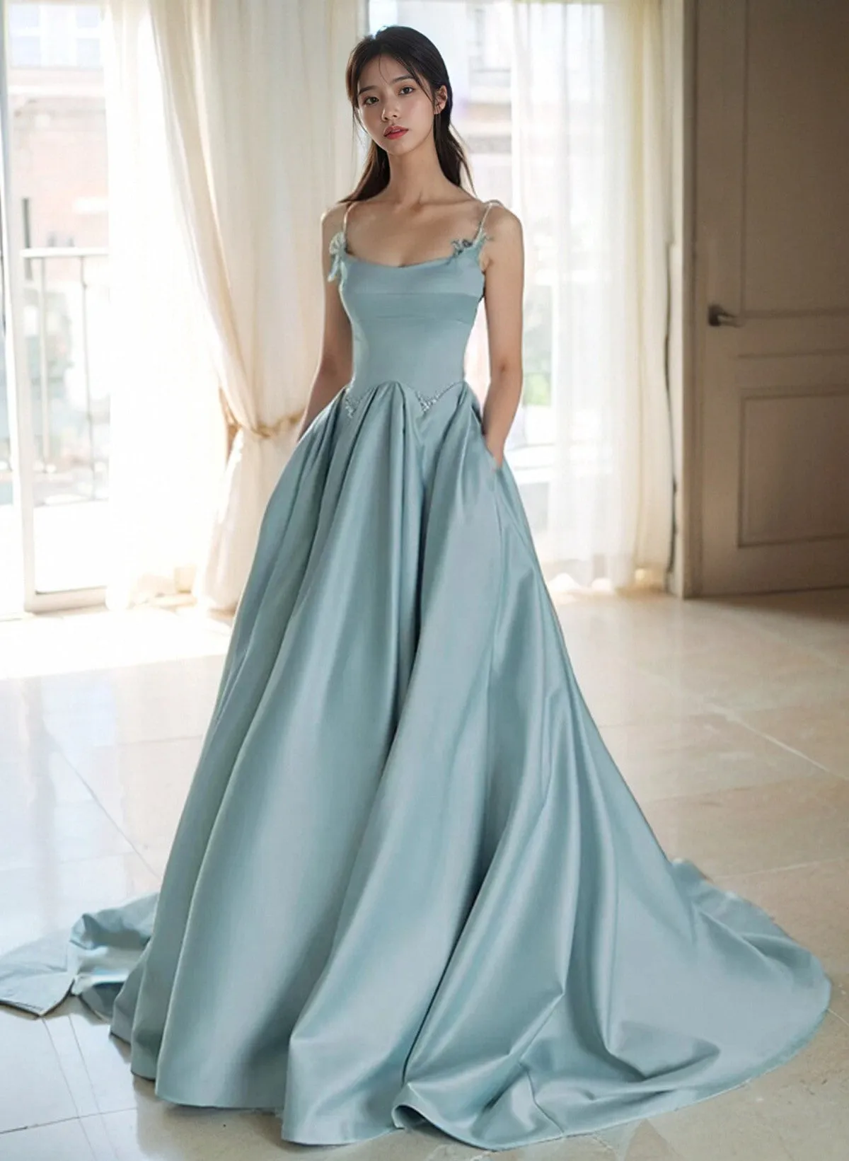 Blue Satin A-line Straps Beaded Long Evening Dress, Blue Satin Prom Dress