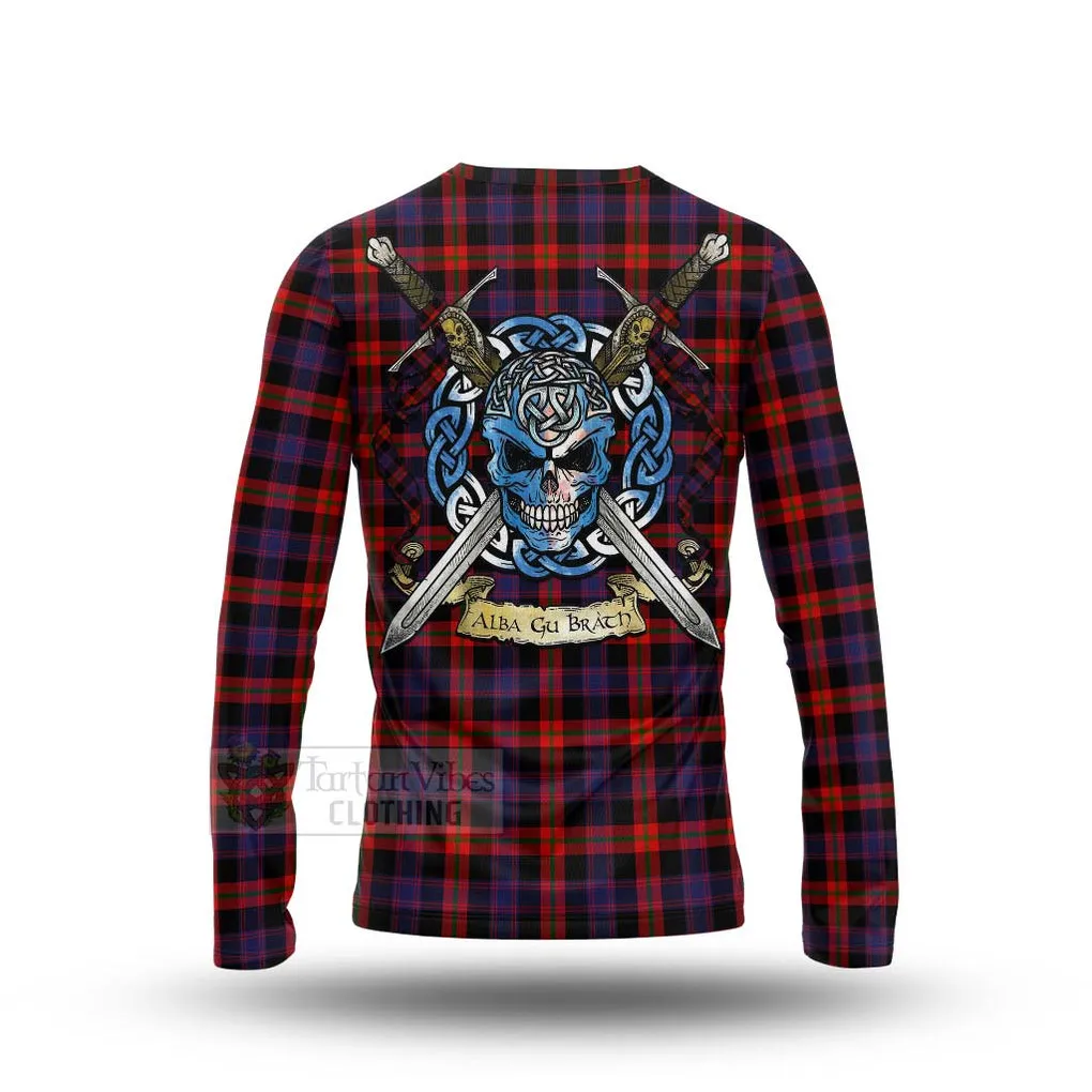 Brown (Broun) Tartan Long Sleeve T-Shirt with Family Crest Celtic Skull Style