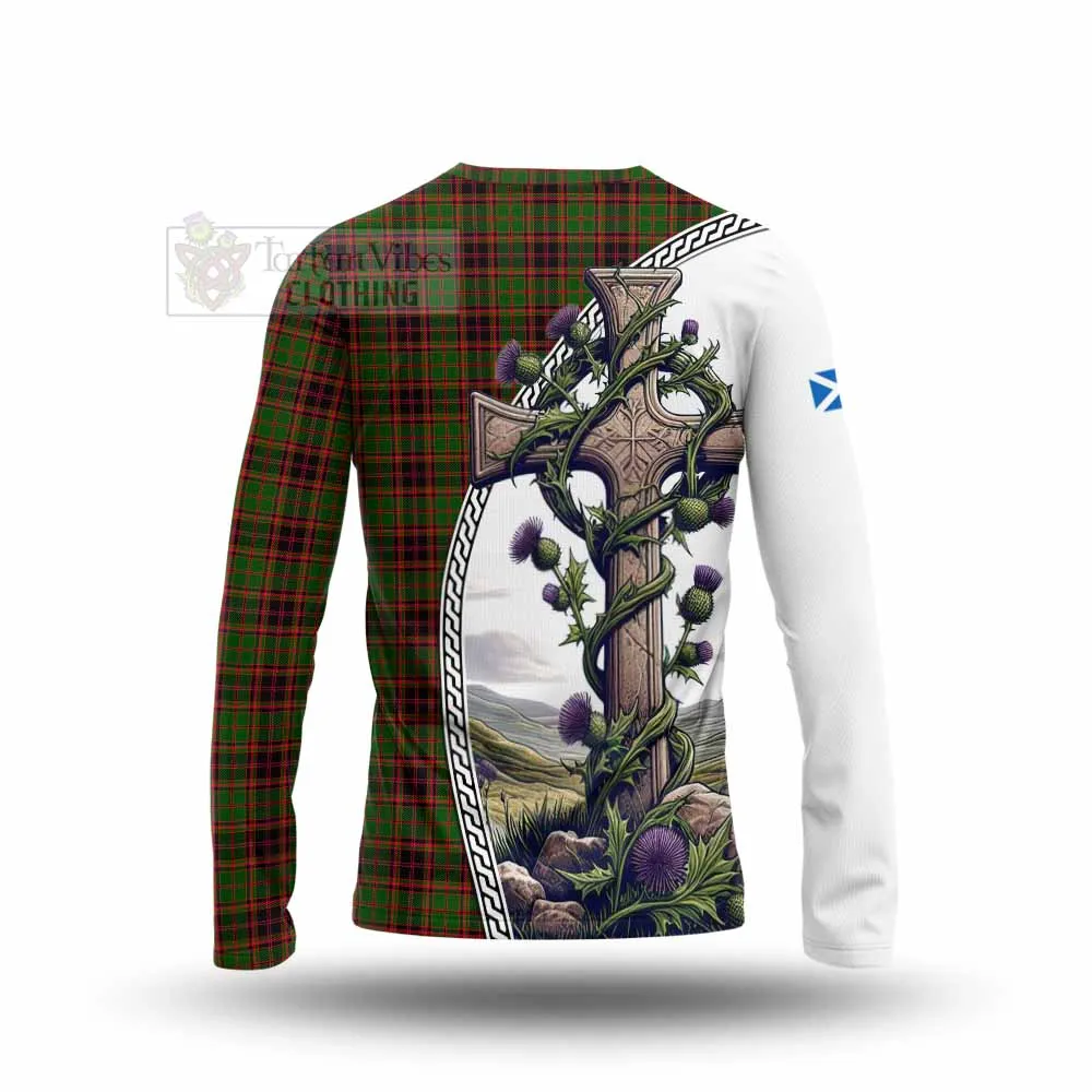 Buchan Tartan Long Sleeve T-Shirt with Family Crest and St. Andrew's Cross Accented by Thistle Vines