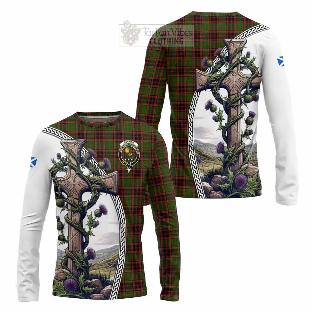 Buchan Tartan Long Sleeve T-Shirt with Family Crest and St. Andrew's Cross Accented by Thistle Vines