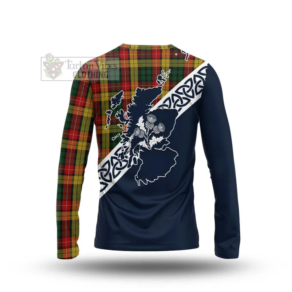 Buchanan Tartan Long Sleeve T-Shirt Featuring Thistle and Scotland Map