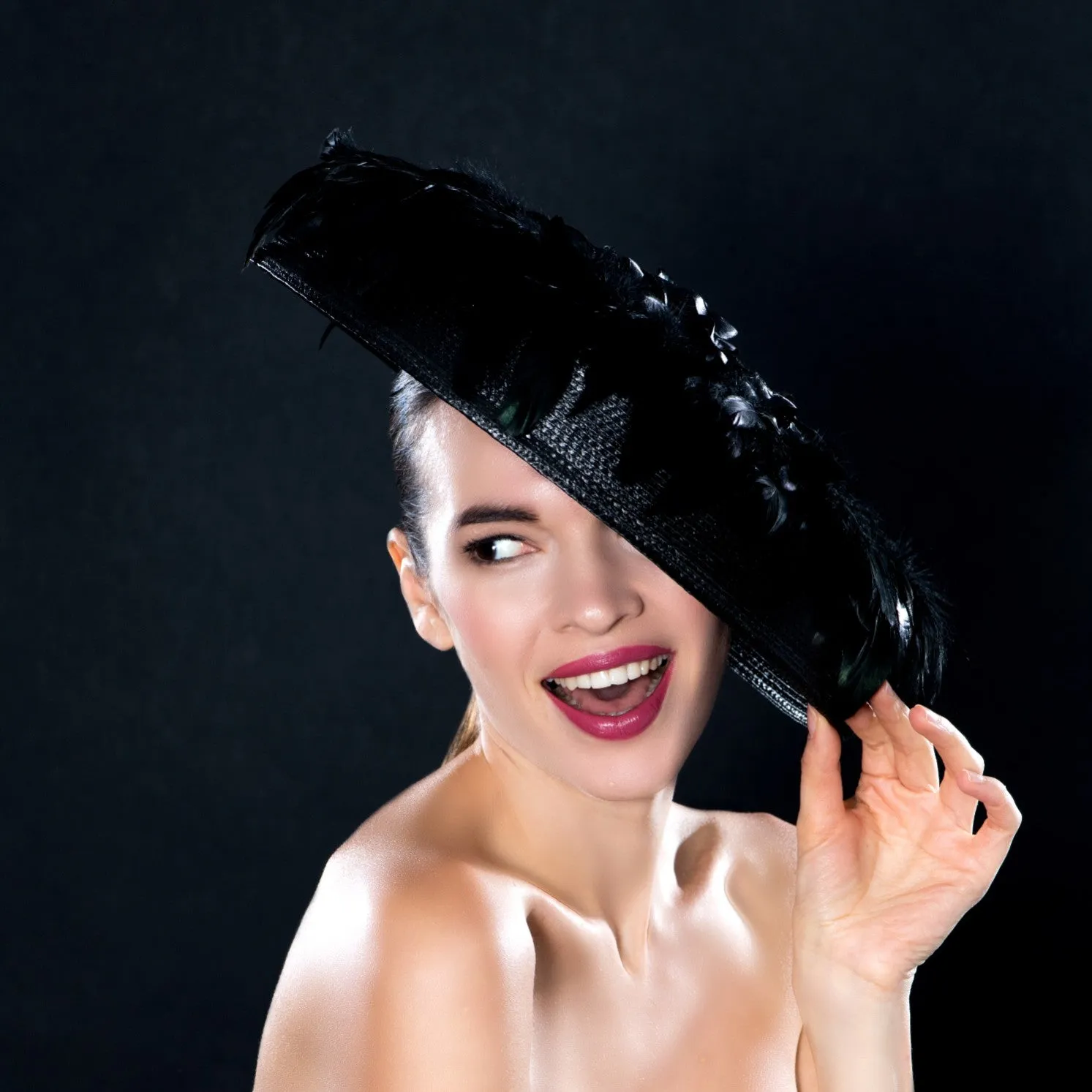 BW6402- Ladies Feathered Black dress hat.