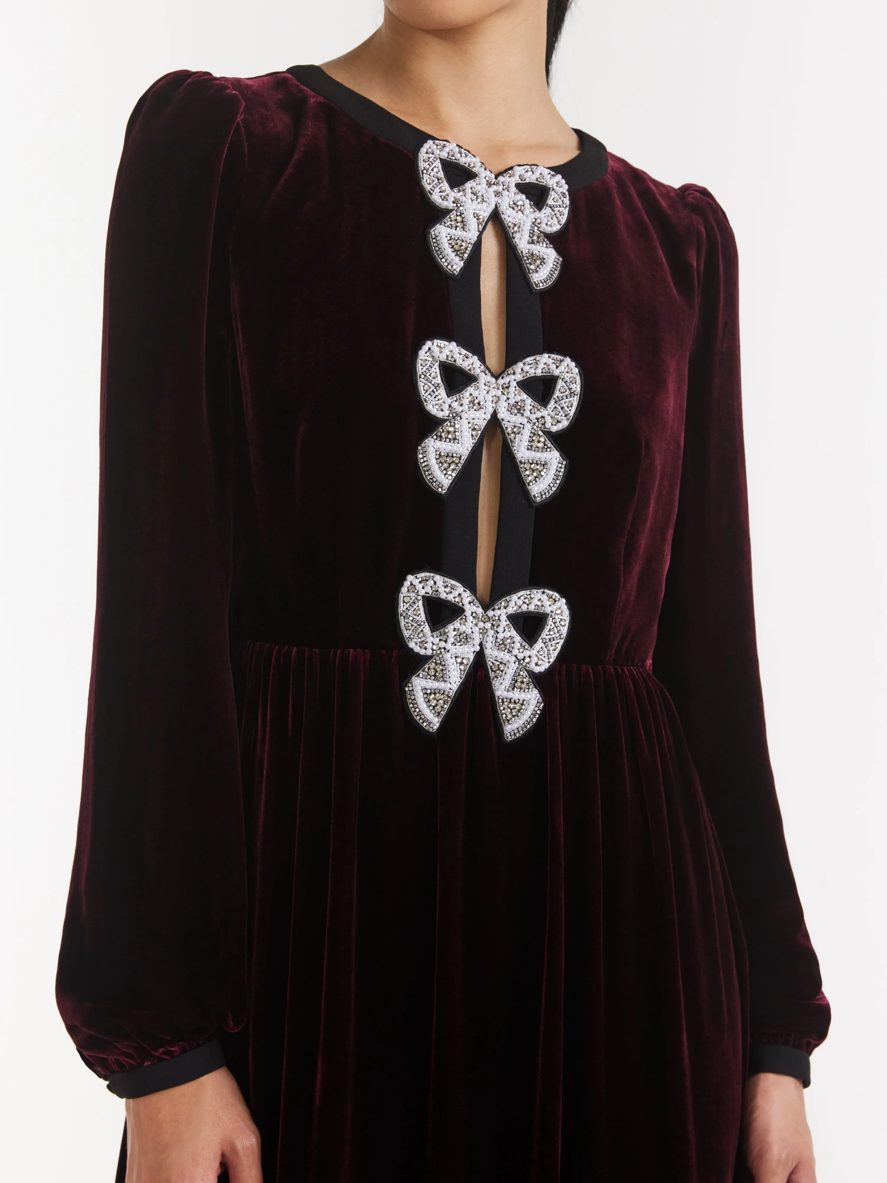 Camille Velvet Embellished Bows Long Dress in Burgundy