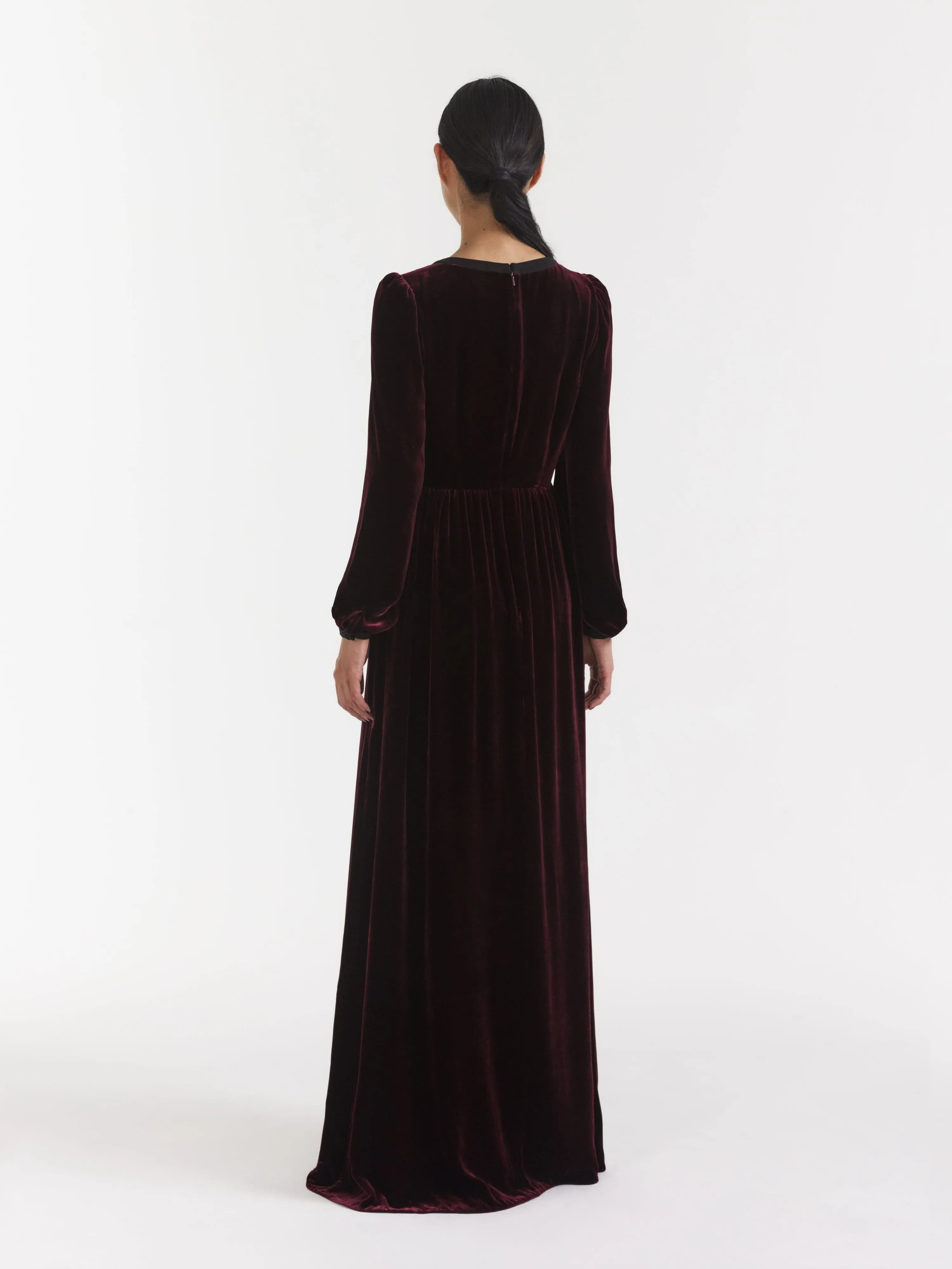 Camille Velvet Embellished Bows Long Dress in Burgundy