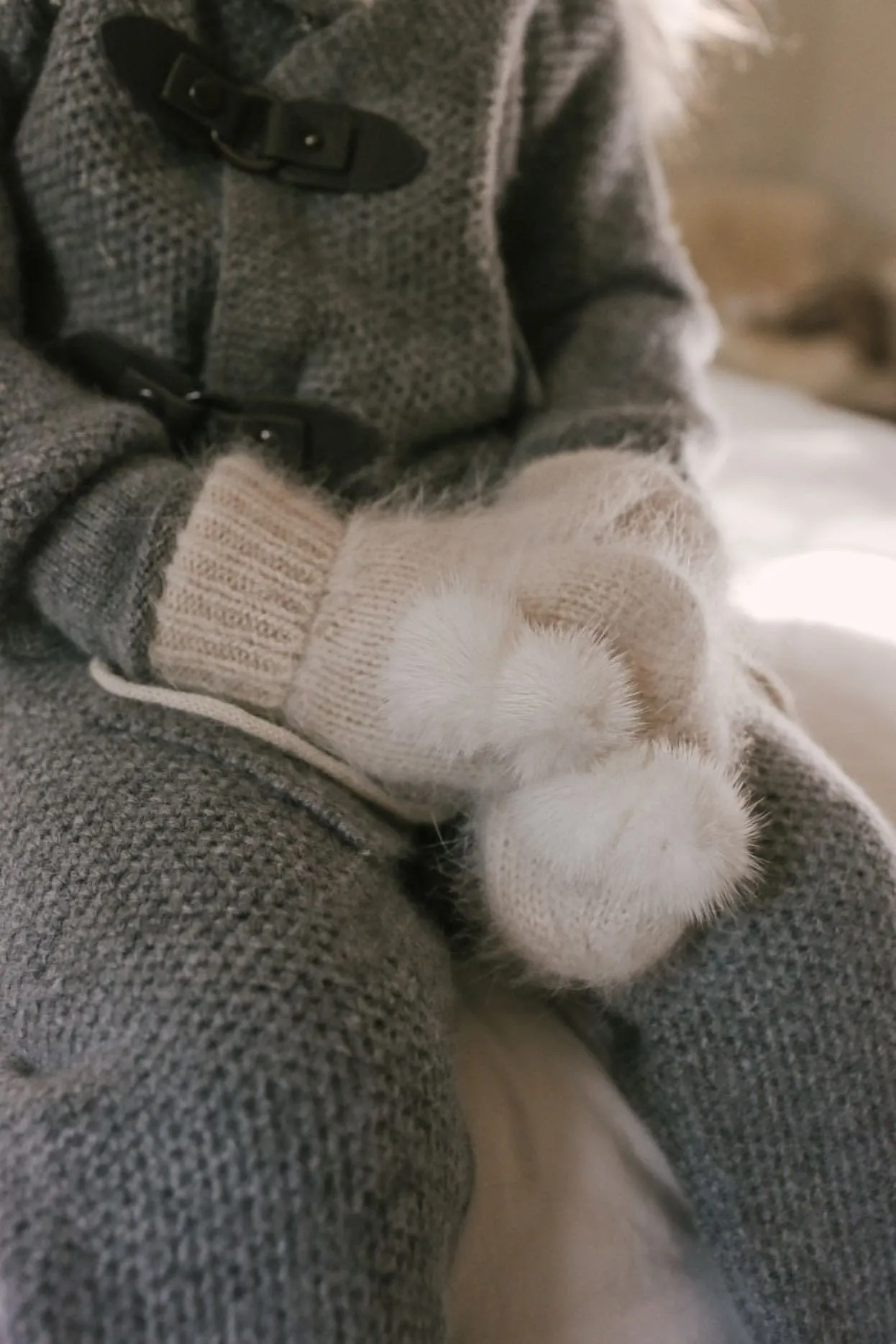 Cashmere Cream Mittens with Poms