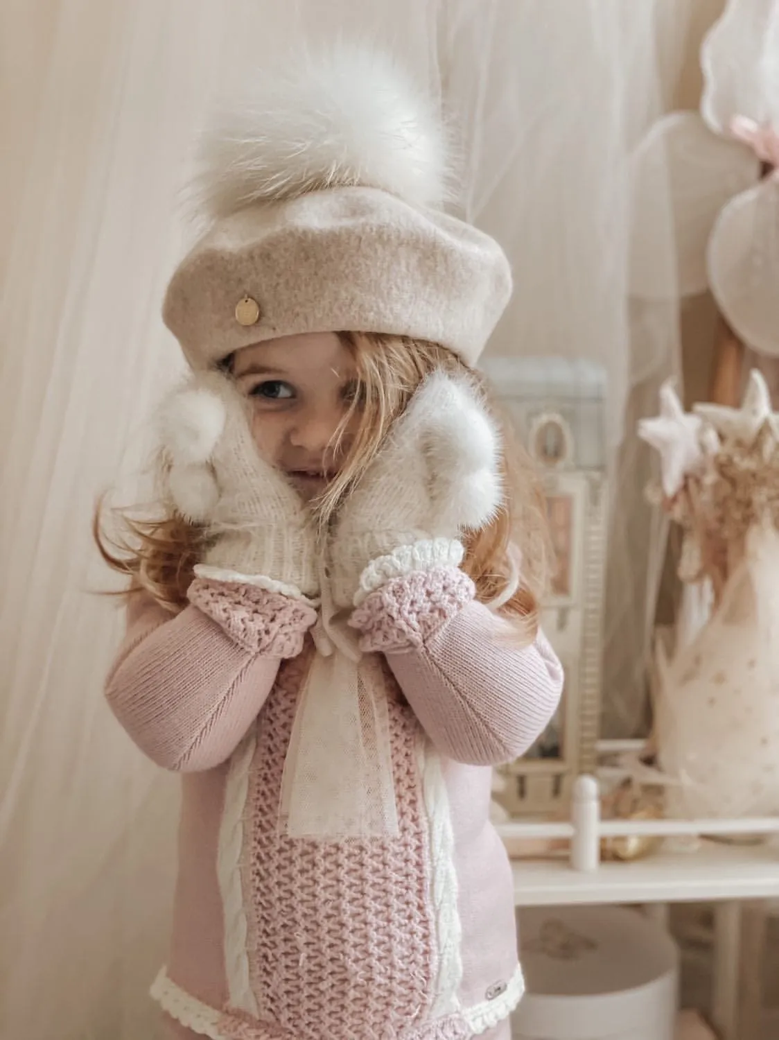 Cashmere Cream Mittens with Poms