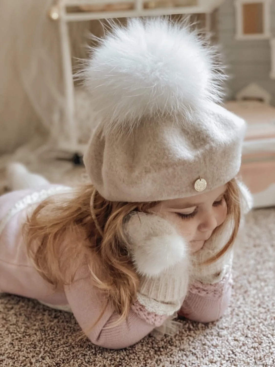 Cashmere Cream Mittens with Poms