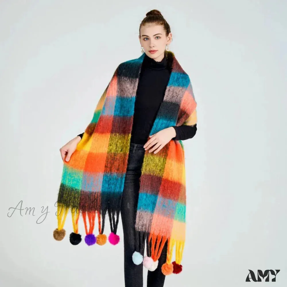 Cashmere Thick Warm Blanket Colorful Plaid with Long Tassels Soft Wrap Scarf