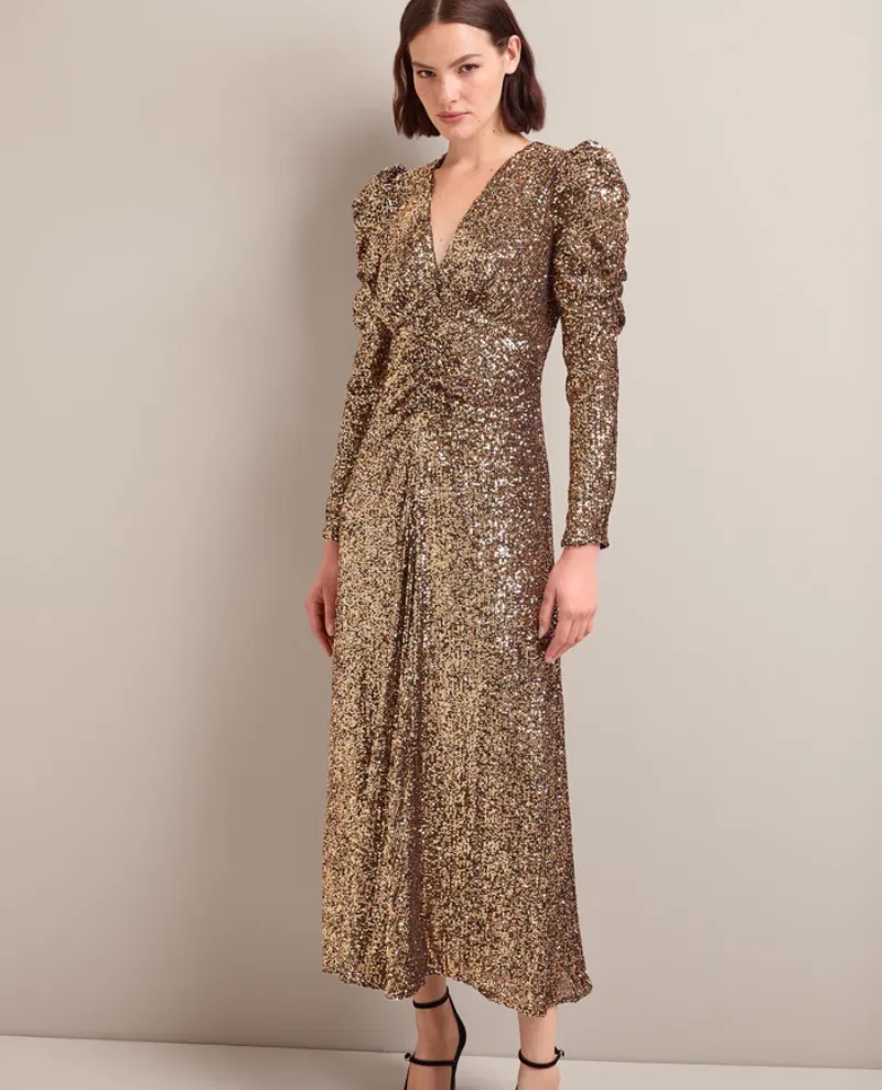 Cefinn Ophelia Gold Sequin Midi Dress