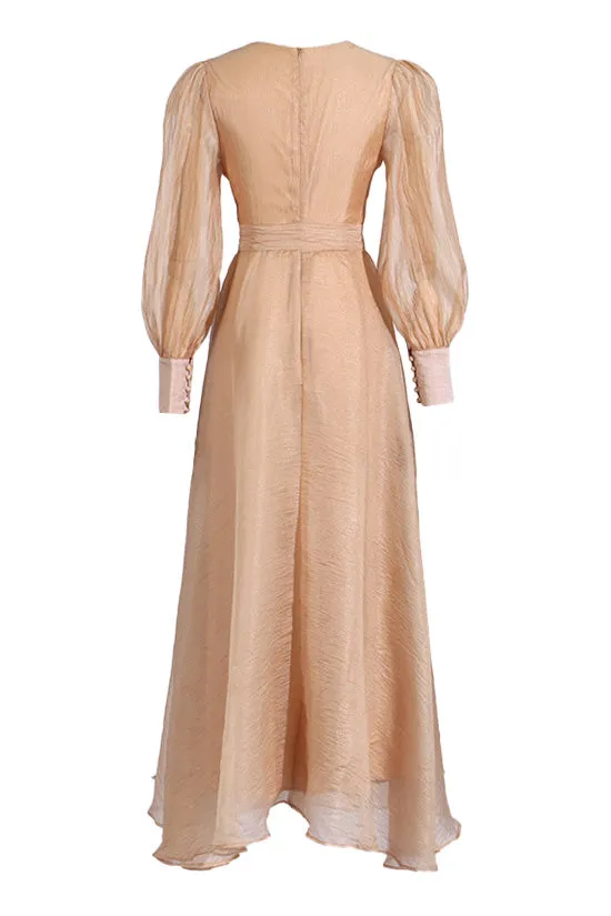 Celebrity Style V Neck Bishop Sleeve Belted Crinkled High Low Evening Dress