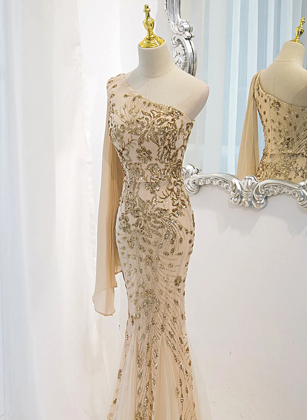 Champagne Mermaid Long Party Dress, Champagne Sequins Prom Dress