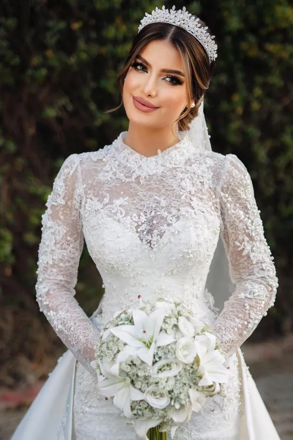 Charming Long Sleeves Mermaid High Neck Satin Lace Wedding Dress with Chapel Train