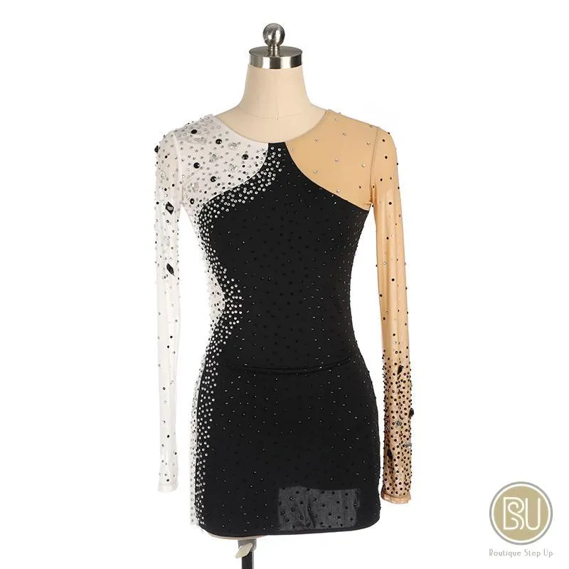 Competition Figure Skating Dress Black & White 1 Sleeve Look BSU22013