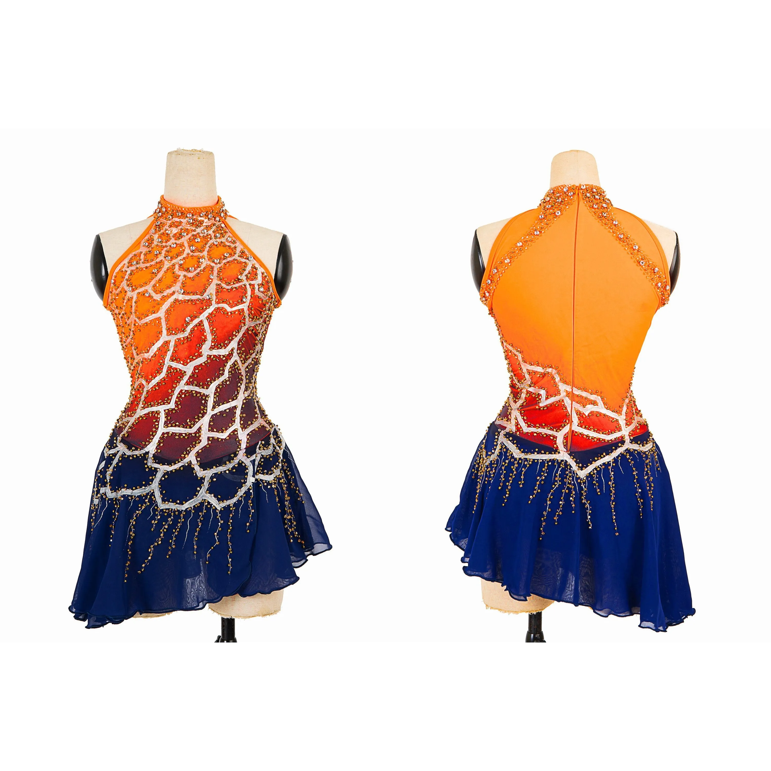 Competition Figure Skating Dress Navy and Ocher and Hand Beaded and Painted