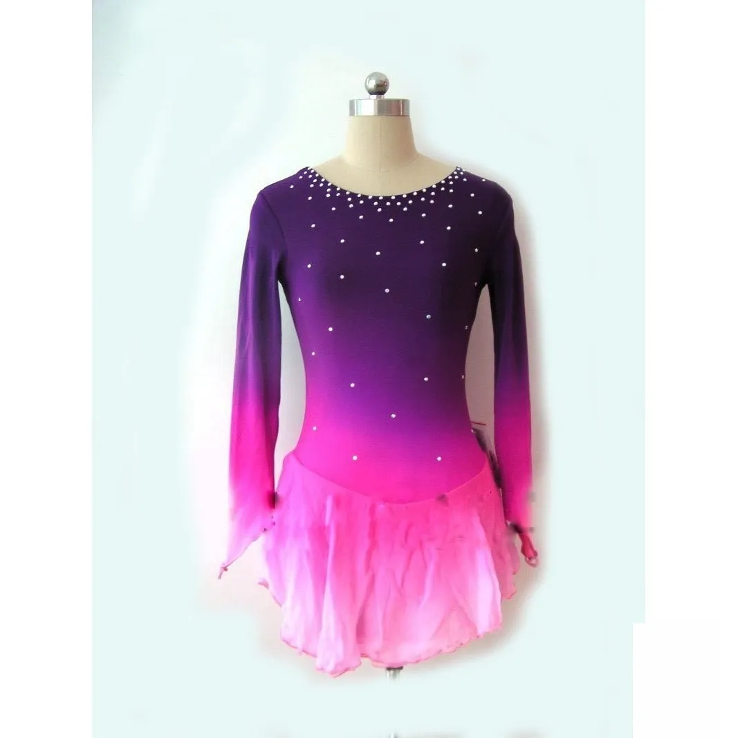 Competition Figure Skating Dress Purple Fuschia Ombre Long Sleeves Crystals