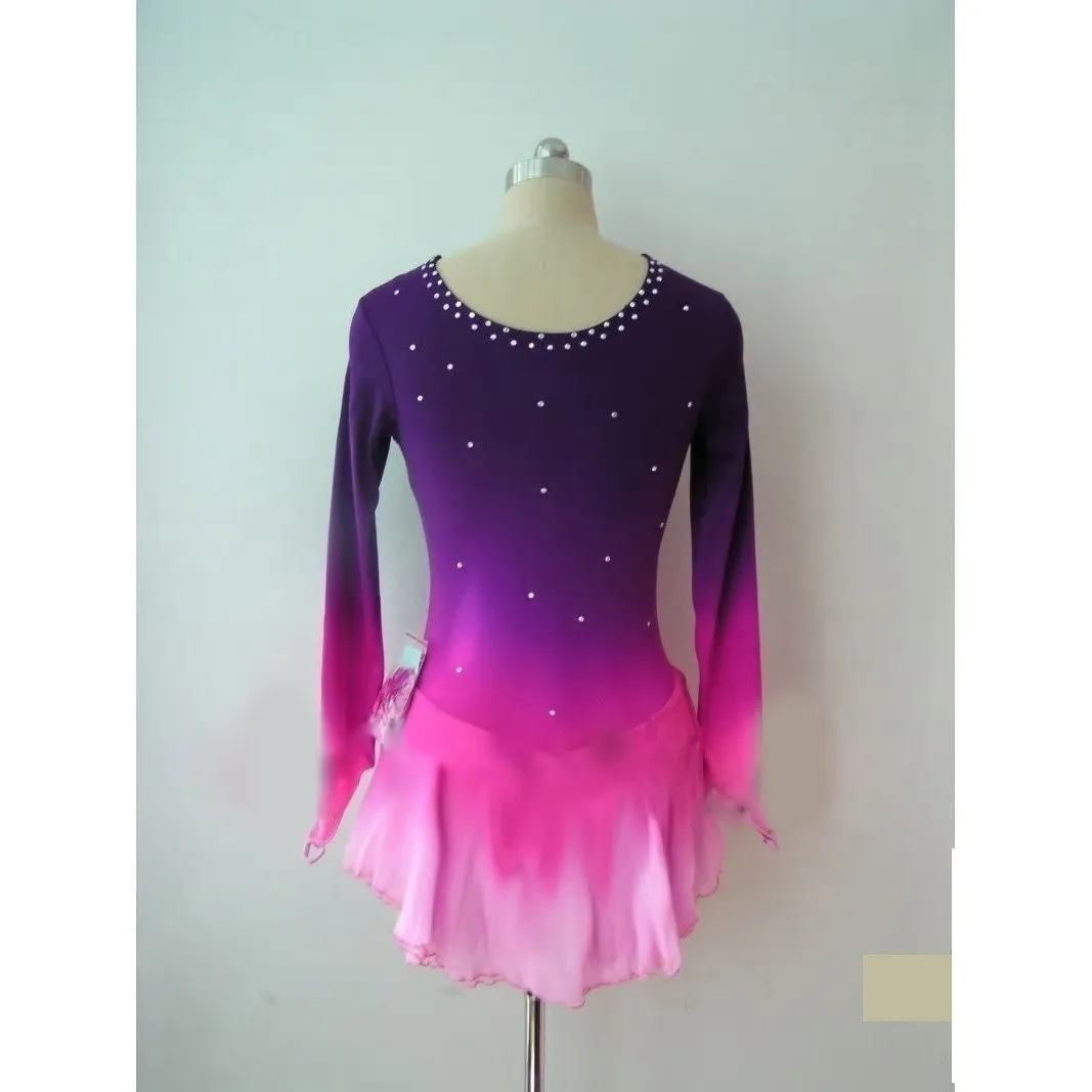 Competition Figure Skating Dress Purple Fuschia Ombre Long Sleeves Crystals