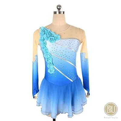 Competition Skating Dress Blue Ombre Floral Appliques