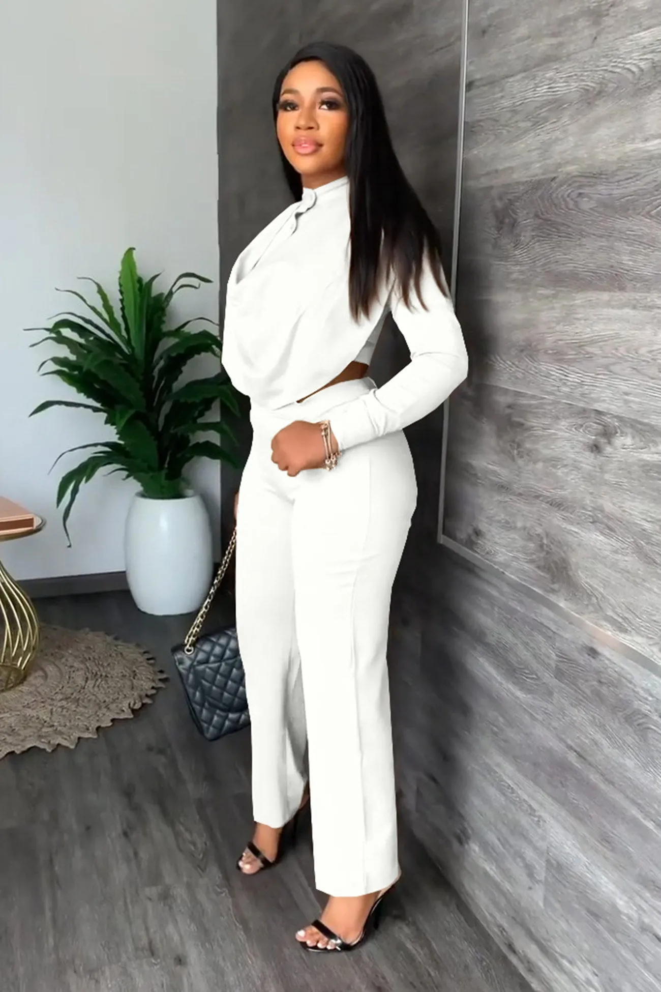 Cowl Neck Crop Top Long Pants Suits