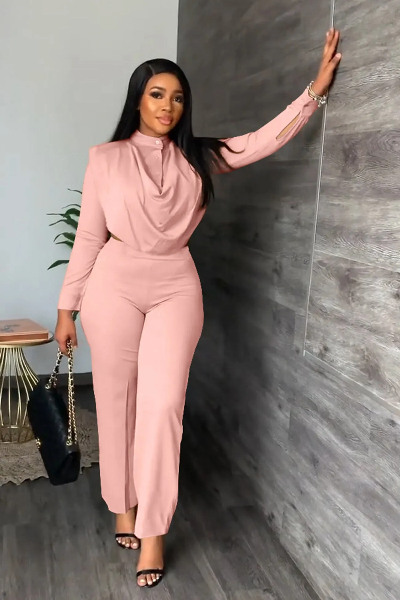 Cowl Neck Crop Top Long Pants Suits