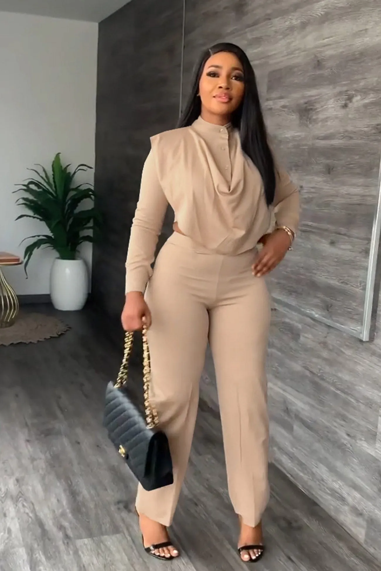 Cowl Neck Crop Top Long Pants Suits