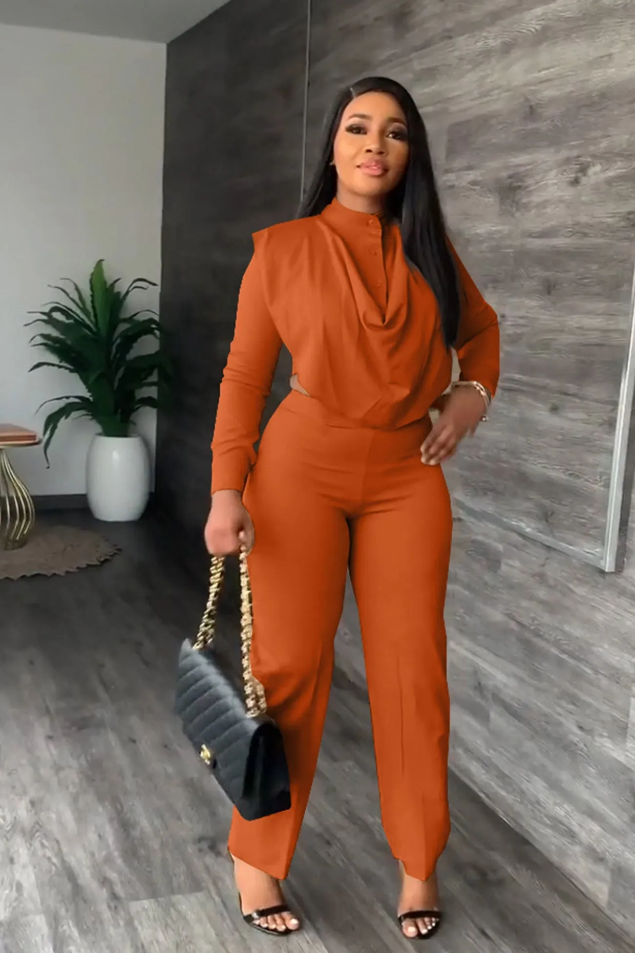 Cowl Neck Crop Top Long Pants Suits